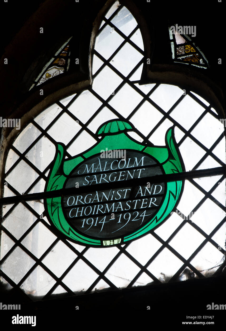 Vitrail commémoratif Malcolm Sargent, Eglise St Mary, Melton Mowbray, Leicestershire, England, UK Banque D'Images