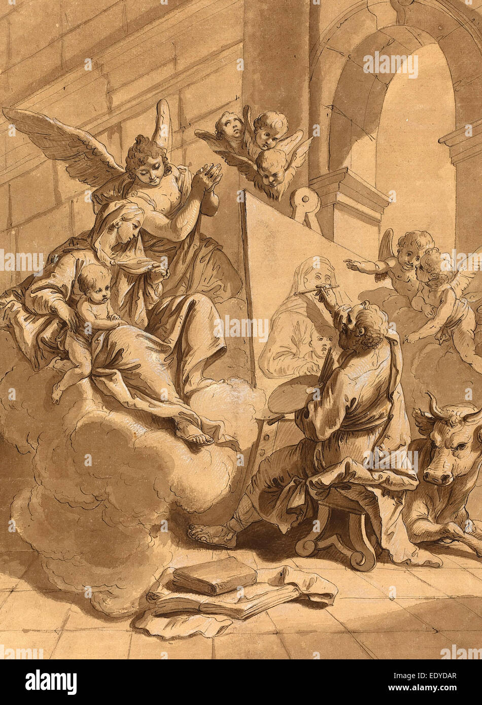 Disciple de Francesco Engraving 18th Century, Saint Luc peignant la Vierge, 18e siècle, plume et encre brune, pinceau et encre brune Banque D'Images