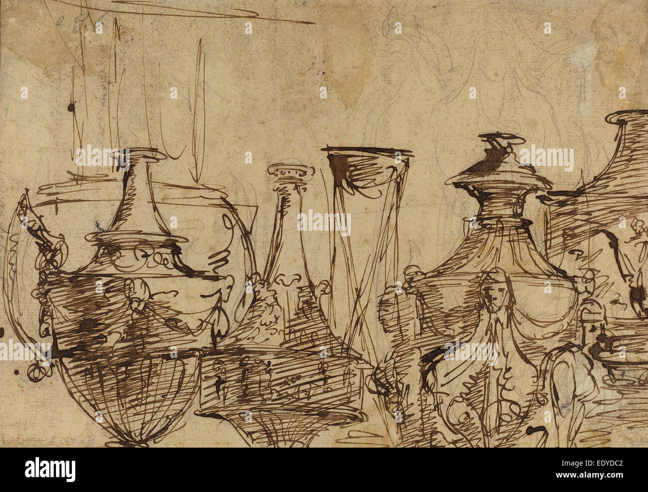 Giuseppe Cades (Italien, 1750 - 1799), dessins de vases, plume et encre brune sur graphite sur papier vergé Banque D'Images