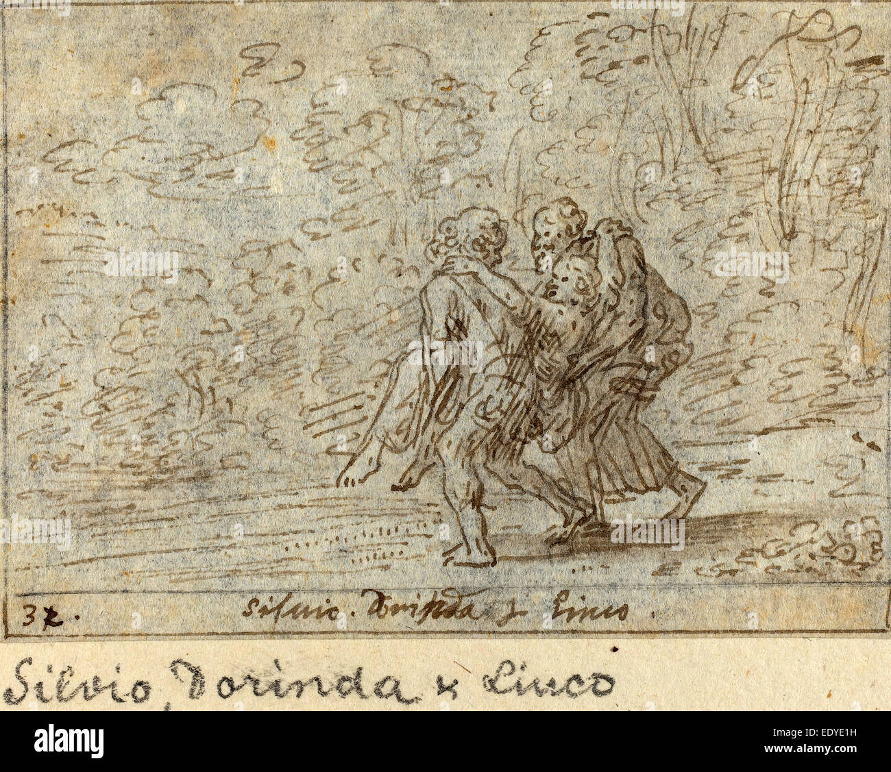 Johann Wilhelm Baur (Allemand, 1607 - 1641), Silvio, Dorinda et Linco, 1640, plume et encre brune avec lavis sur papier vergé Banque D'Images