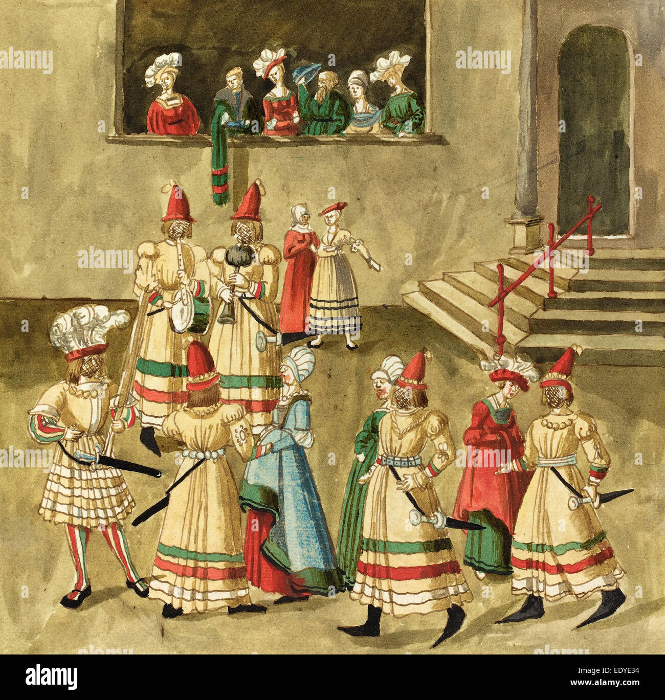 16ème siècle allemand, la mascarade, ch. 1515, plume et encre brune avec l'aquarelle sur papier vergé Banque D'Images