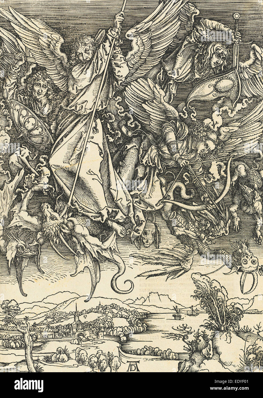 Albrecht Dürer, Saint Michel combattant le dragon, Allemand, 1471 - 1528, probablement c. Gravure sur bois, 1496-1498 Banque D'Images