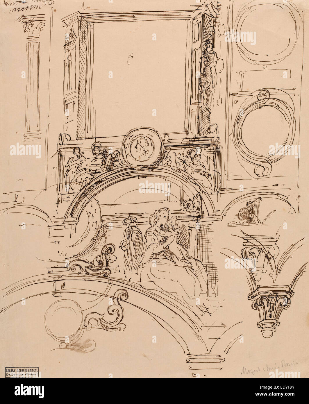 Moritz von Schwind (autrichien, 1804 - 1871), ses détails architecturaux pour une décoration murale avec l'Impératrice Maria Theresia Banque D'Images