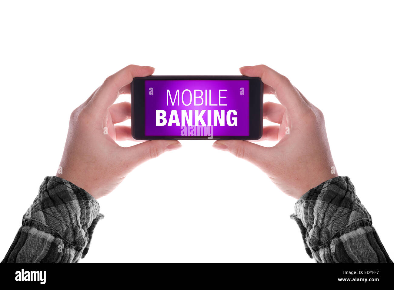 Main de femme en Smartphone avec l'application mobile banking isolé sur fond blanc Banque D'Images