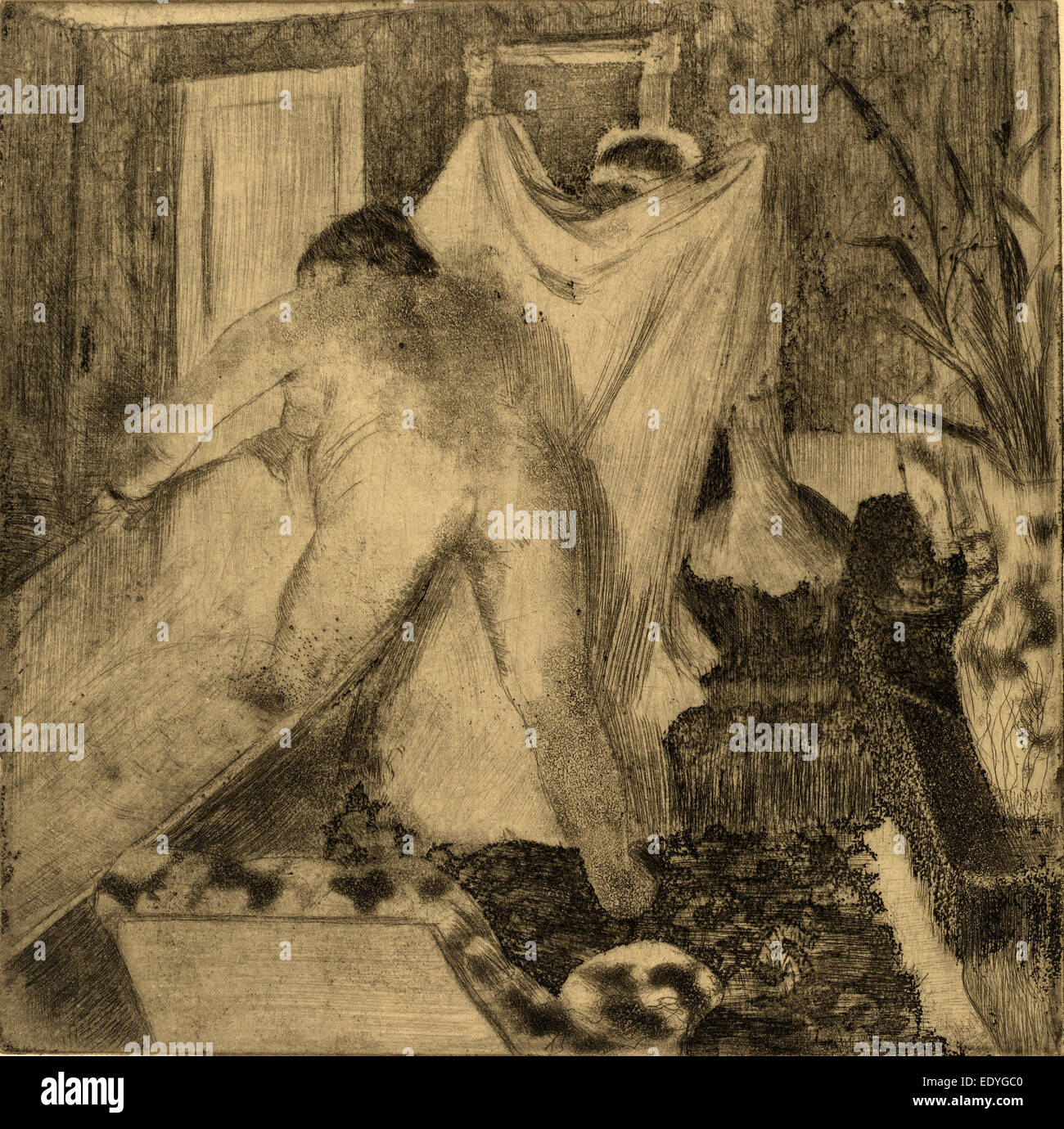 Edgar Degas, laissant la baignoire (la sortie du bain), français, 1834 - 1917, ch. 1879-1880, crayon électrique, eau-forte, pointe sèche Banque D'Images