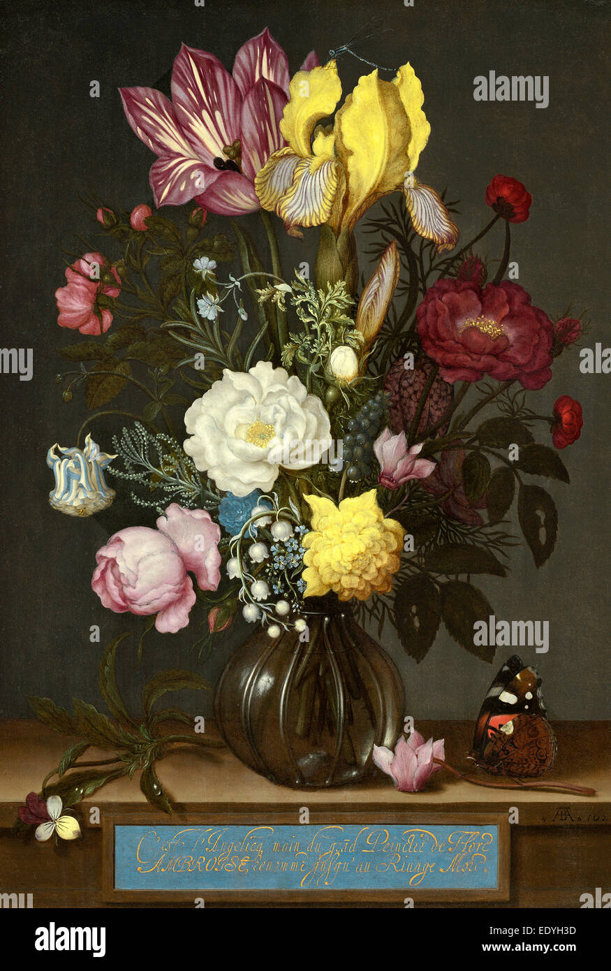 Ambrosius Bosschaert l'ancien (Néerlandais, 1573 - 1621), bouquet de fleurs dans un vase de verre, 1621, huile sur cuivre Banque D'Images