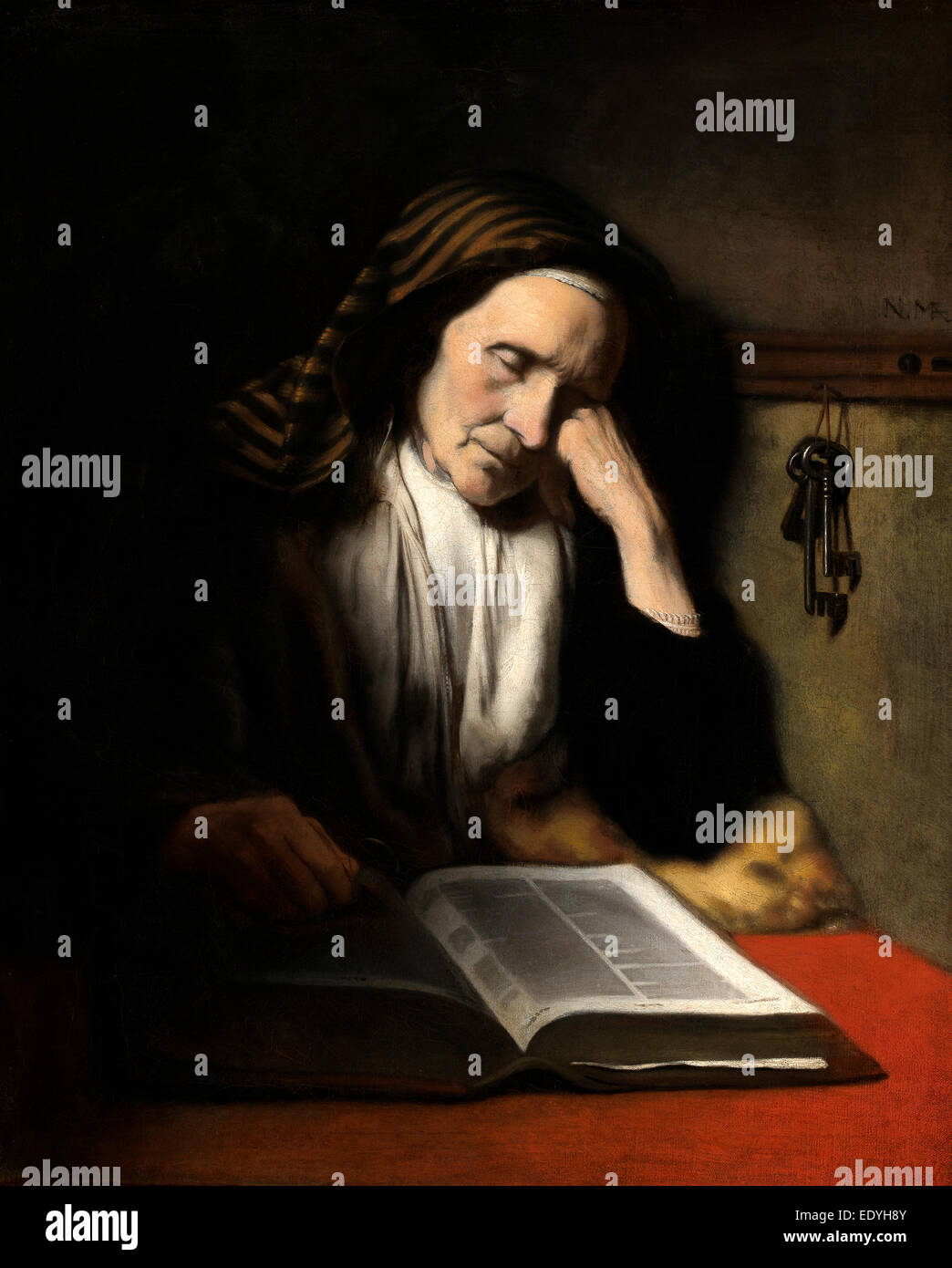 Nicolaes MAES (Néerlandais, 1634 - 1693), une vieille femme endormie sur un livre, ch. 1655, huile sur toile Banque D'Images