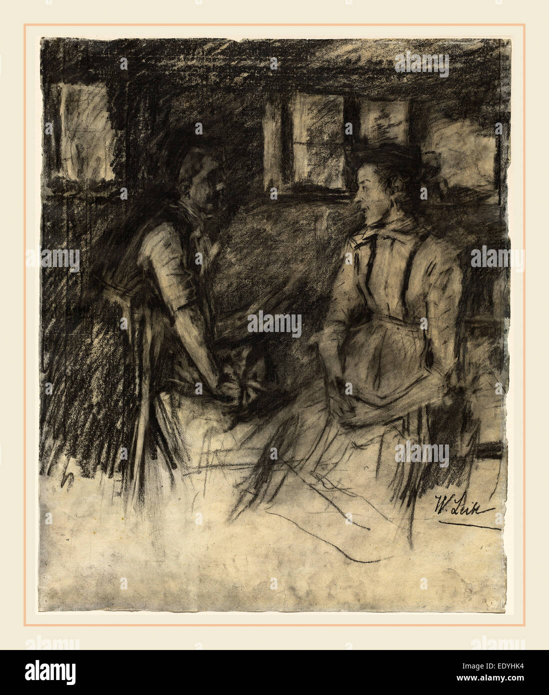 Wilhelm Leibl, allemand (1844-1900), deux femmes dans la cuisine, 1895-1897, graphite et craie noire avec dessouchage sur papier vergé ancien Banque D'Images
