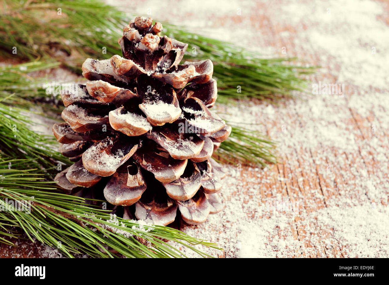 Libre d'une branche de sapin et d'un cône de pin avec des flocons de neige sur une surface en bois Banque D'Images