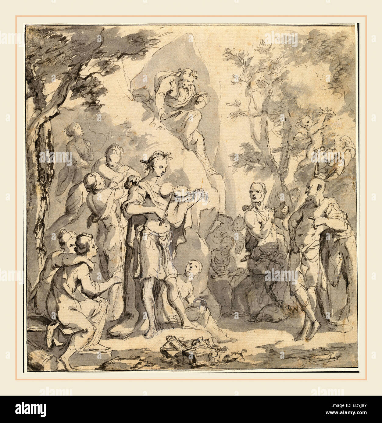 Johann, Spillenberger allemand (1628-1679), le concours entre Apollon et Pan avant que le roi Midas, c. 1670, plume et encre grise Banque D'Images