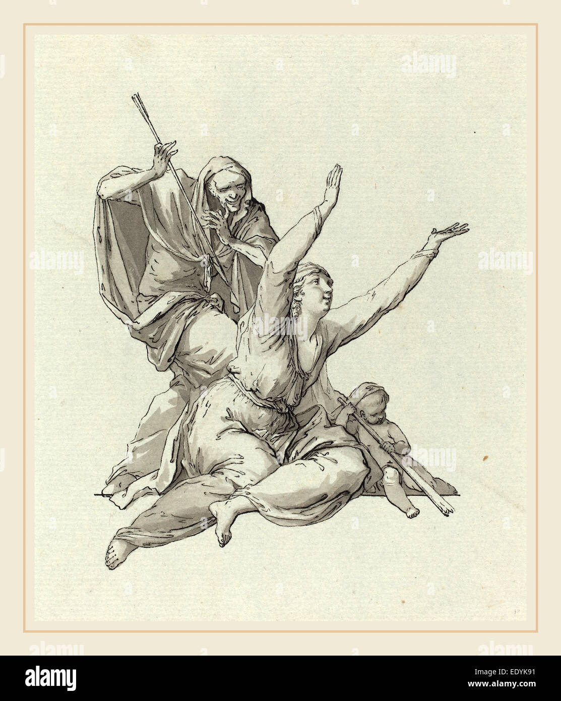 Carl Gotthard Langhans, allemand (1732-1808), la mort la traque d'une femme, avec la plume et à l'encre noire sur papier vergé gris laver Banque D'Images