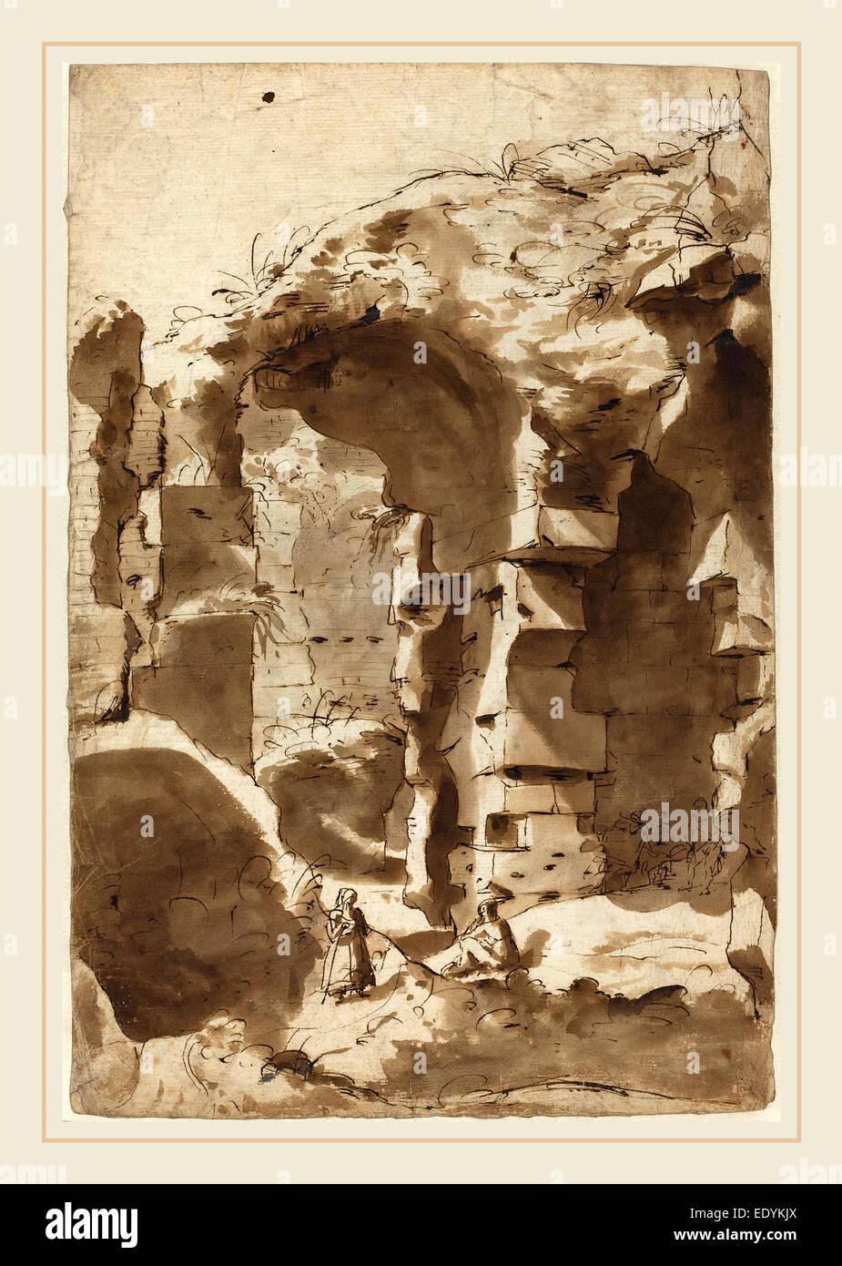 Attribué à Jan Asselijn, néerlandais (ch. 1610-1652), les ruines du Colisée, plume et encre brune avec lavis Banque D'Images