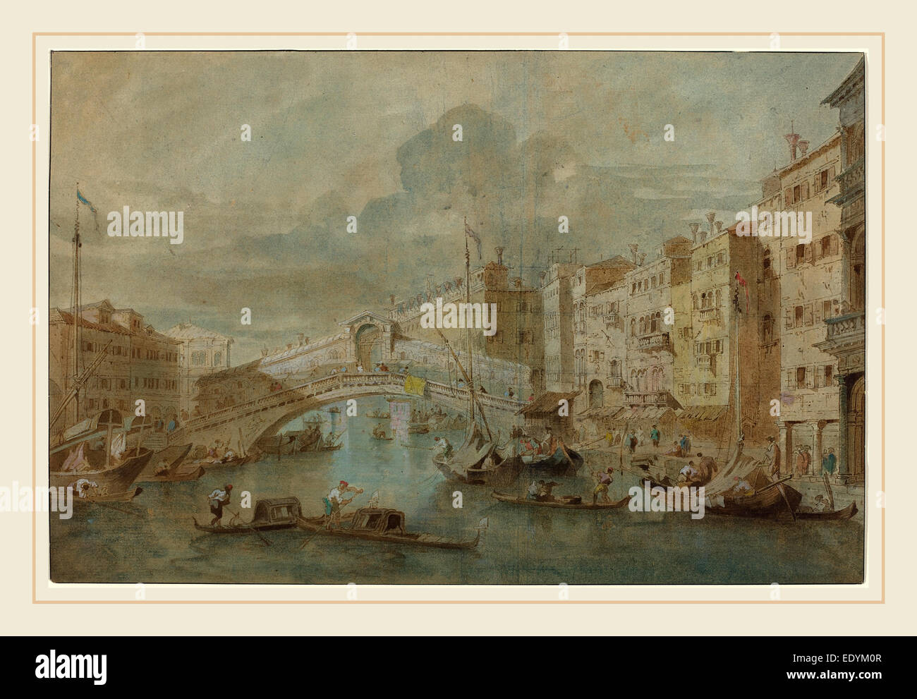 Attribué à Francesco Guardi, italien (1712-1793), vue du Pont du Rialto, Venise, plume et encre brune avec lavis Banque D'Images