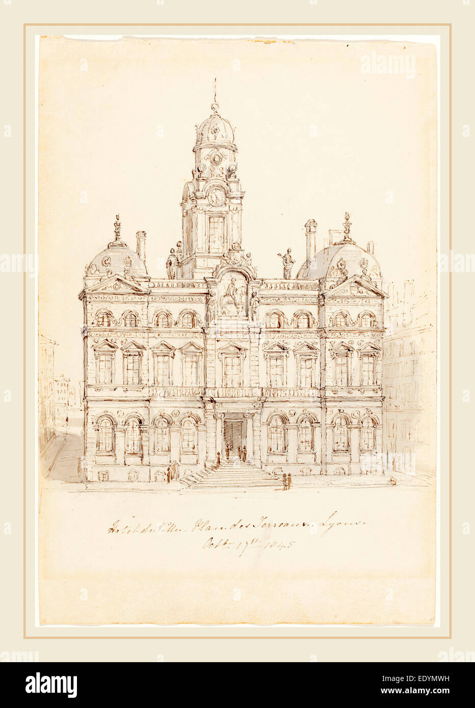 Robert Smirke, britannique (1752-1845), l'Hôtel de Ville, place des Terreaux, Lyon, 1845, plume et encre brune avec lavage gris Banque D'Images