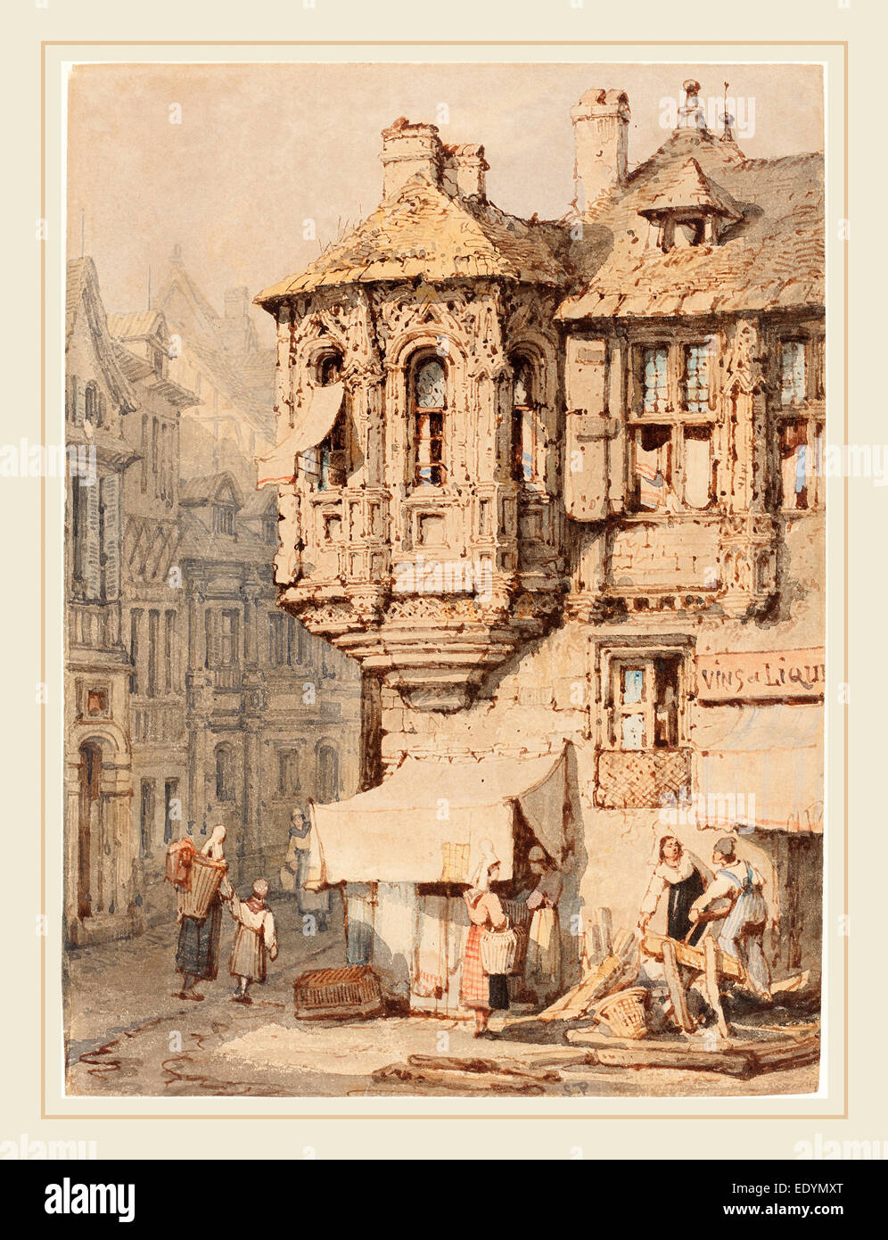 Samuel Prout, britanniques (1783-1852), Scène de rue française avec une tourelle médiévale, aquarelle sur papier vélin Banque D'Images