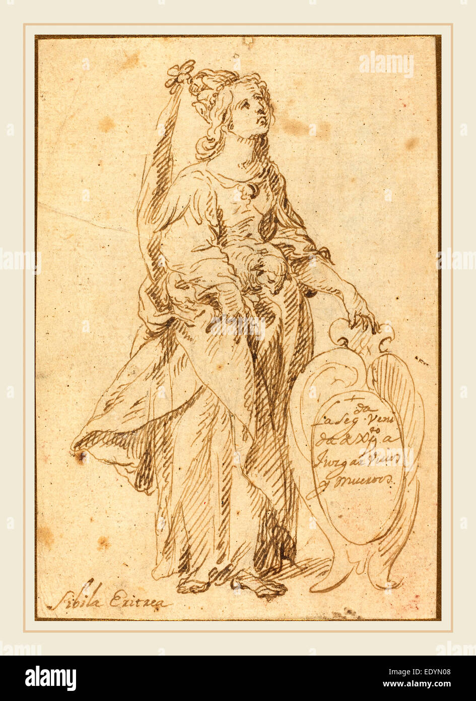 17e siècle espagnol, Sibylle érythréenne, plume et encre brune sur papier vergé Banque D'Images