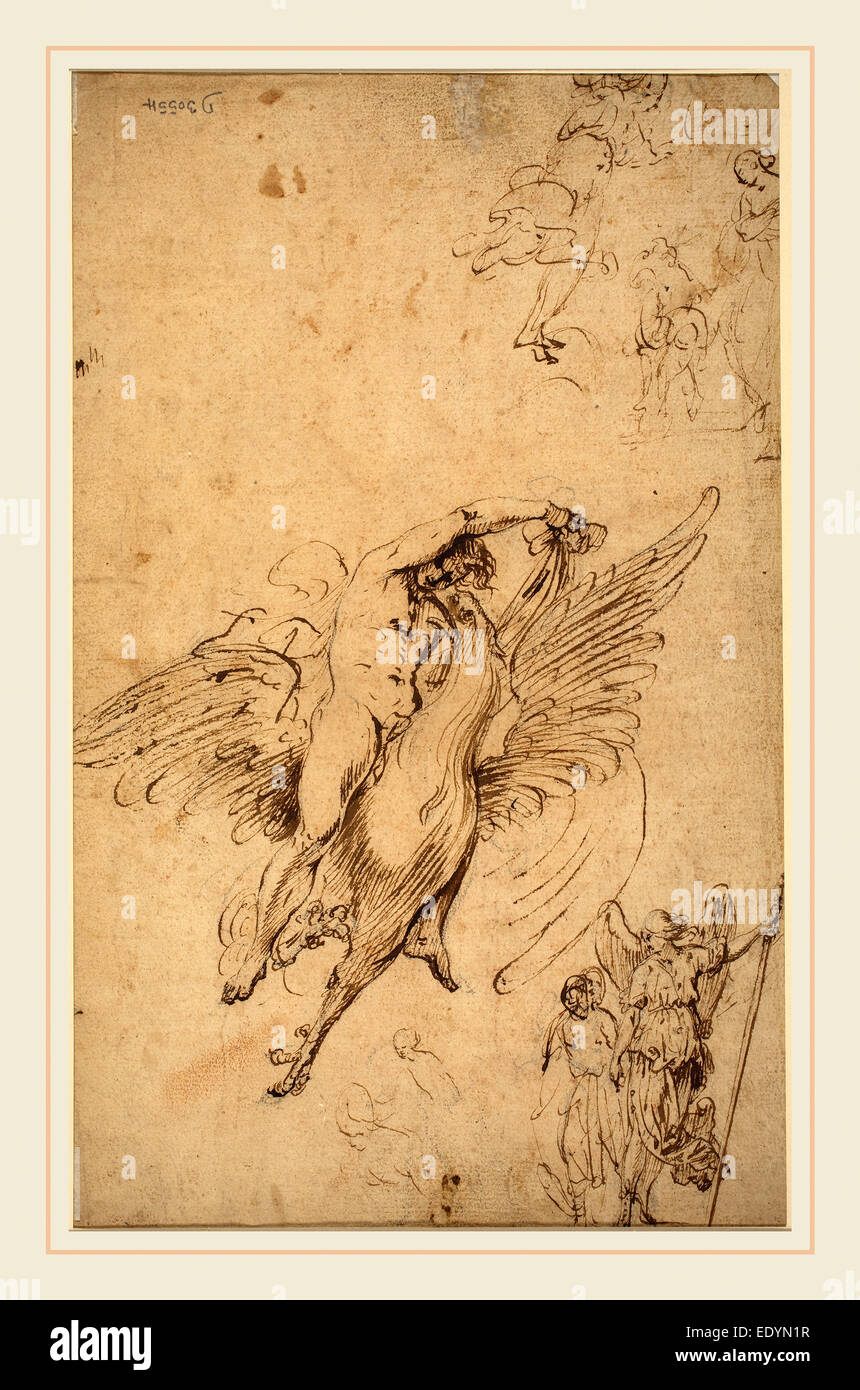 17ème siècle italien, Ganymède, plume et encre brune sur crayon noir Banque D'Images