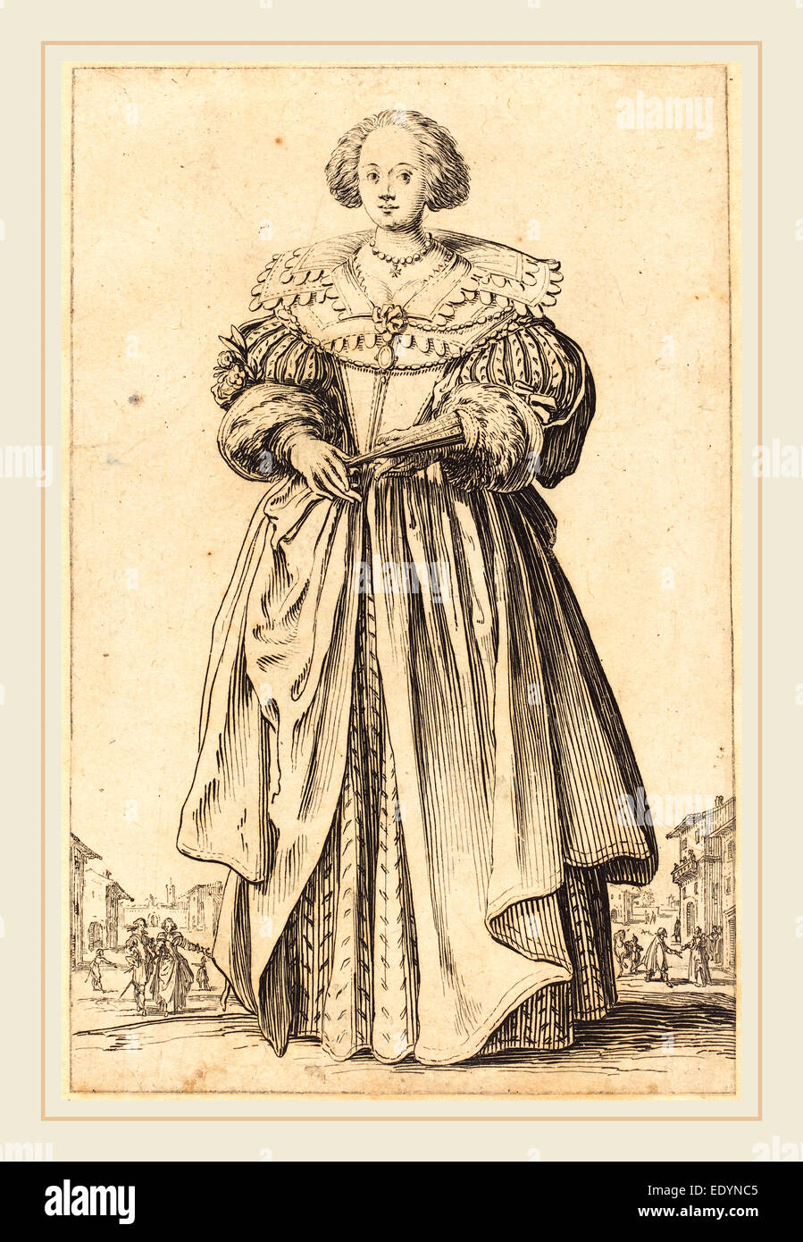 Jacques Callot, français (1592-1635), Femme Noble avec ventilateur, ch. La gravure, 1620-1623 Banque D'Images