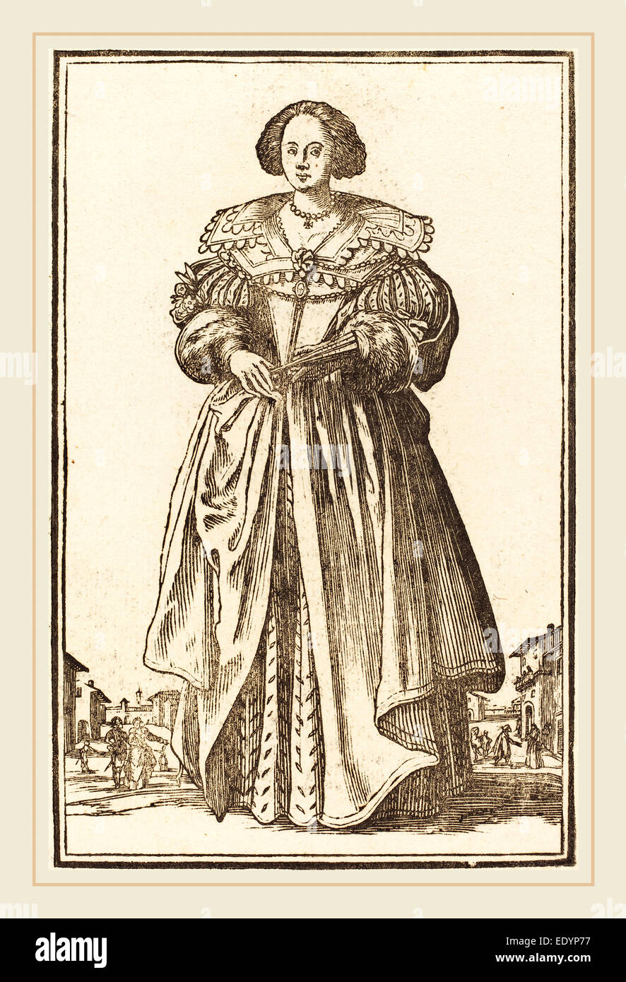 Après Jacques Callot, femme noble avec ventilateur, gravure sur bois Banque D'Images