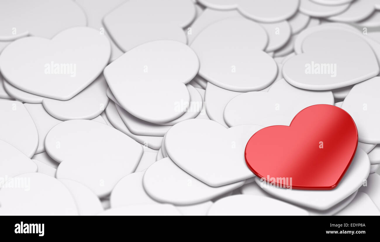 Une forme de coeur rouge sur de nombreux coeurs blanc, symbole de l'amour et valentine day event Banque D'Images