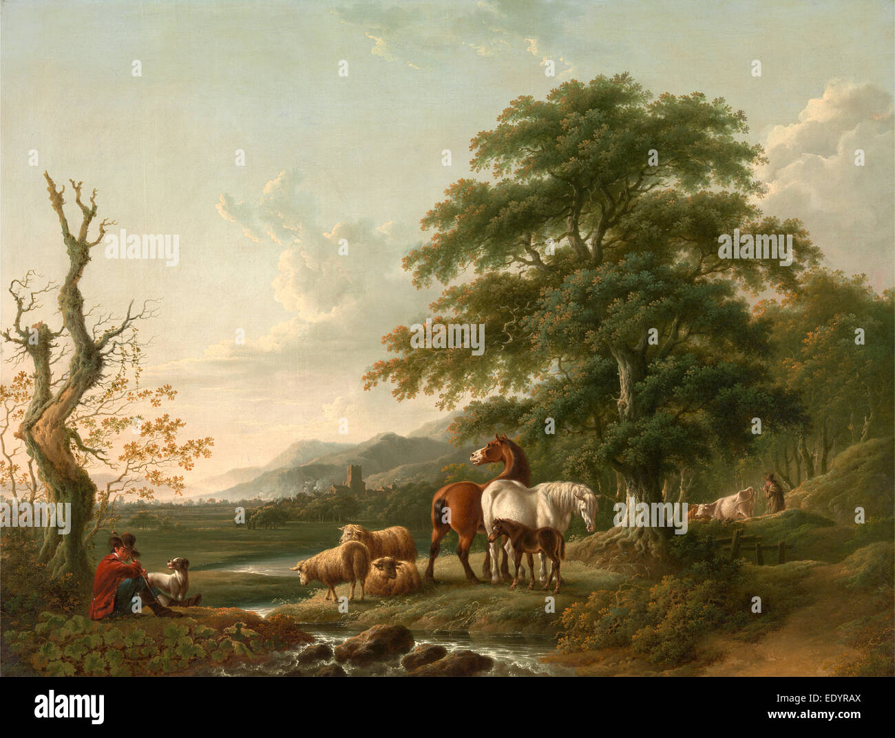 Paysage avec un berger de moutons et de bovins, chevaux dans un paysage romantique signé sur l'arbre, à gauche en bas : '[CT] monogramme' Banque D'Images