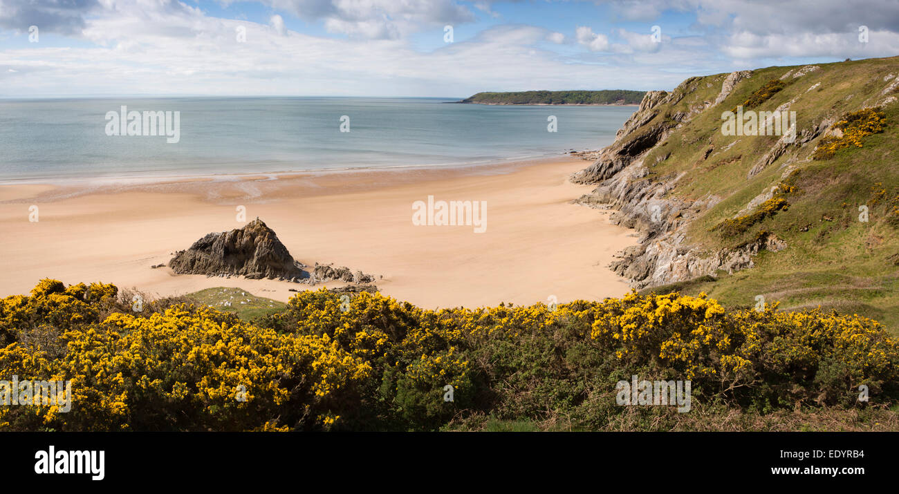 Royaume-uni, Pays de Galles, Swansea, Gower, trois falaises Bay, Grand Tor et d'Oxwich Point, vue panoramique Banque D'Images