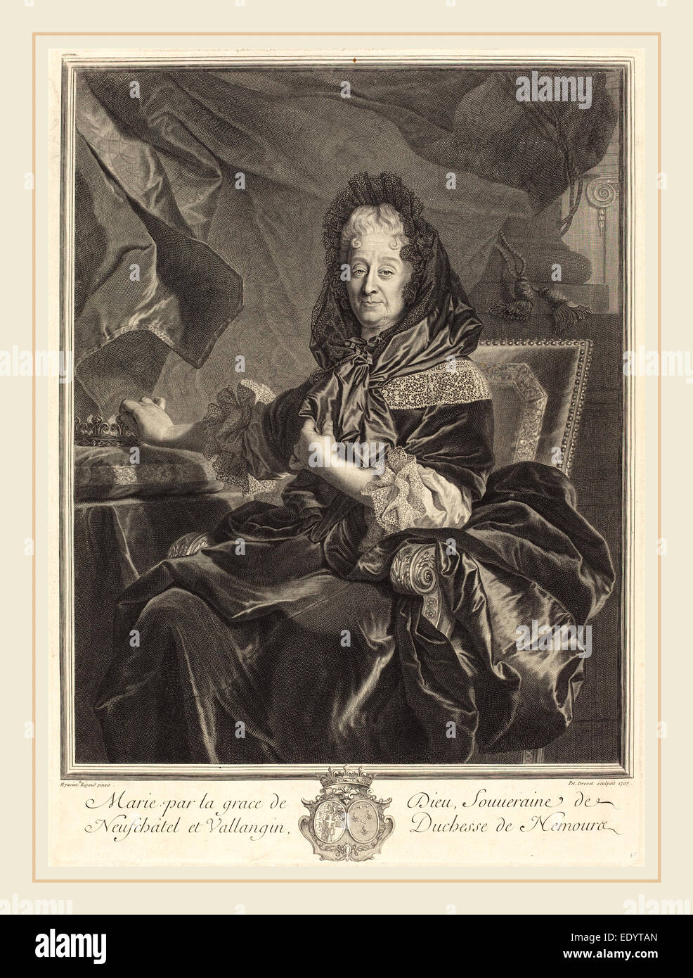 Pierre Drevet après Hyacinthe Rigaud, français (1663-1738), Duchesse de Nemours, 1707, gravure Banque D'Images