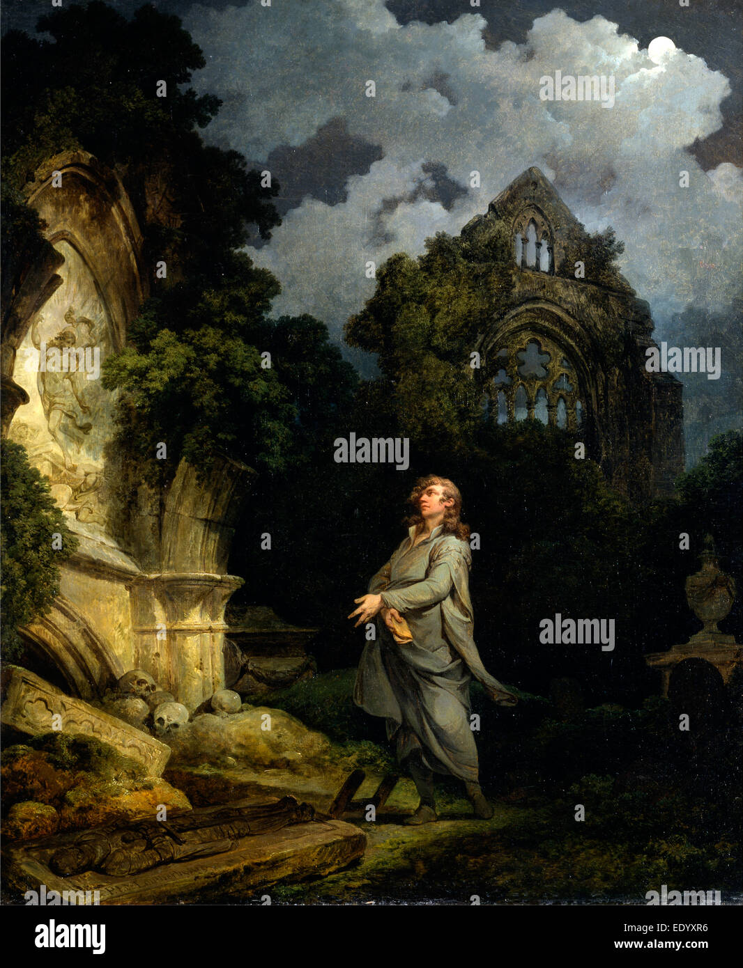 Visiteur d'un cimetière au clair de lune dans un philosophe cimetière signé et daté Banque D'Images