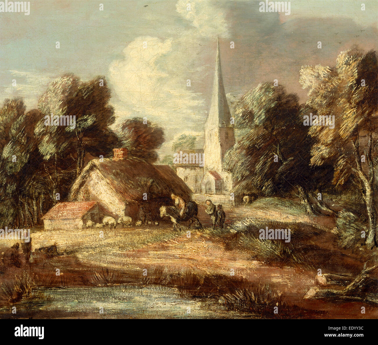 Paysage avec maison et église Paysage avec une église, Cottage, les villageois et les animaux, Thomas Gainsborough, 1727-1788 Banque D'Images