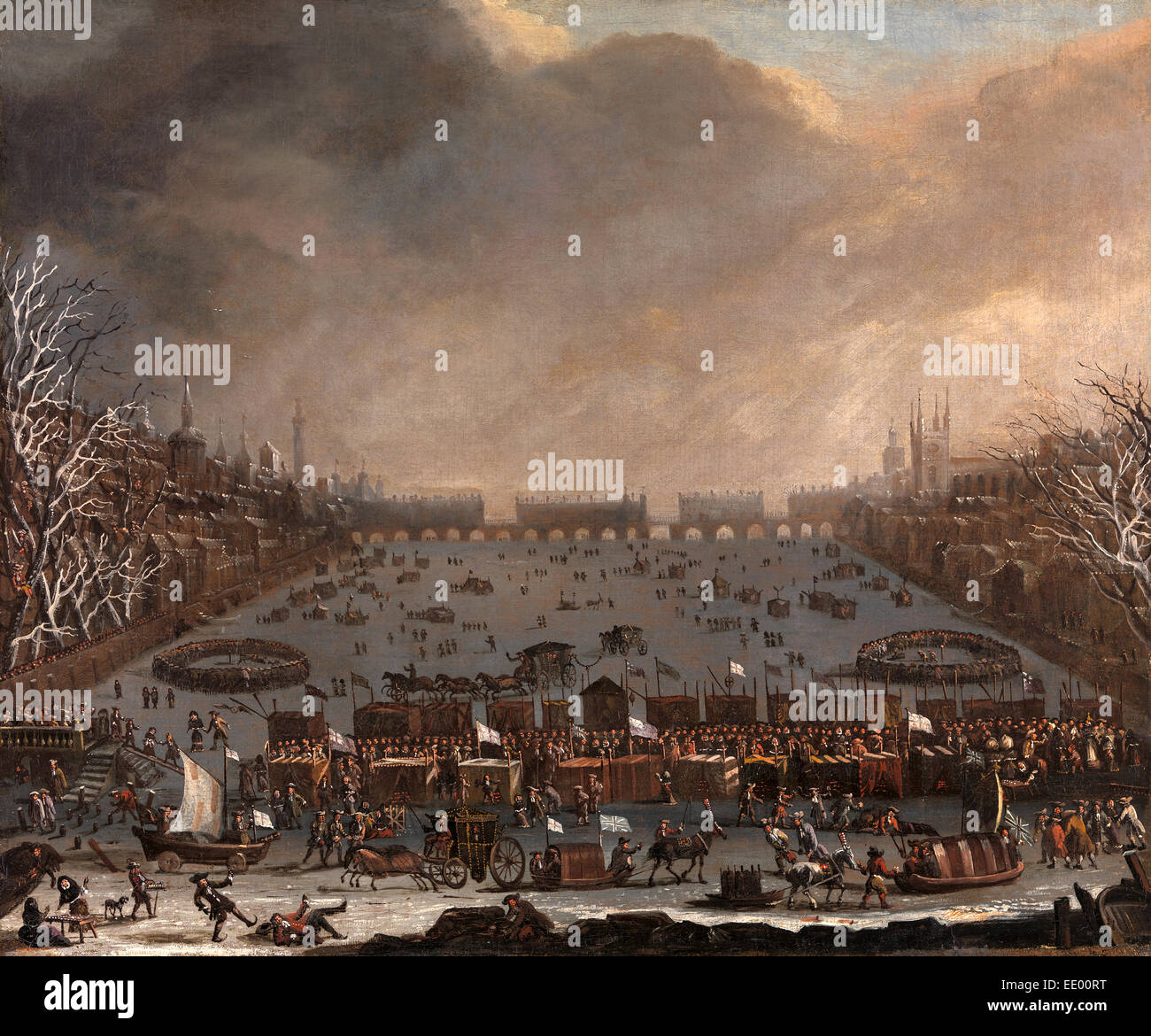 Juste le gel sur la Tamise, avec Old London Bridge dans la distance, Londres, artiste inconnu, 17e siècle, en Banque D'Images