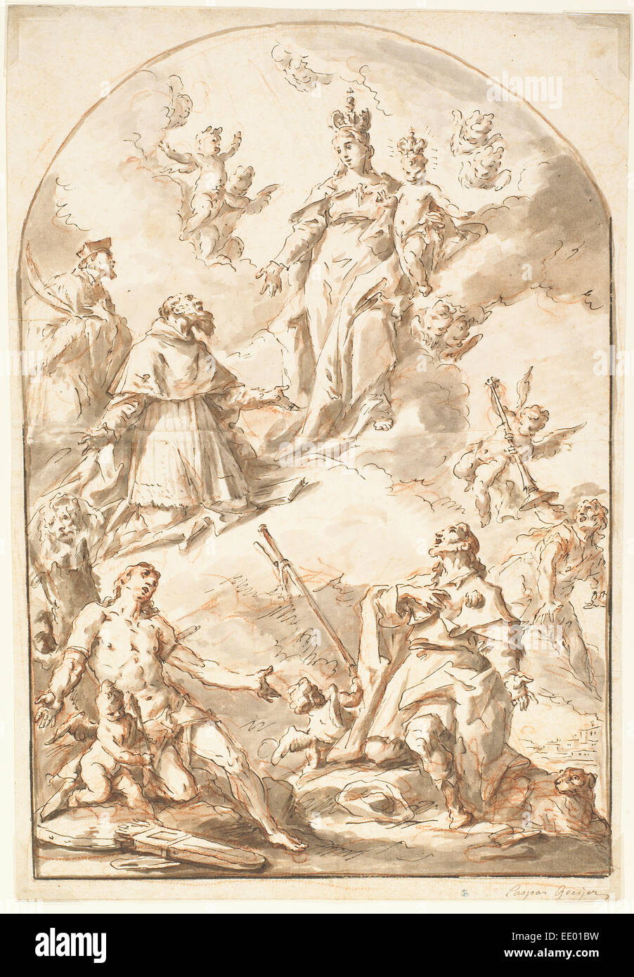 La Vierge et l'enfant couronné de gloire, avec les saints Sébastien, Roch, Jerome, et Jean Népomucène ; Francesco Fontebasso, italien Banque D'Images