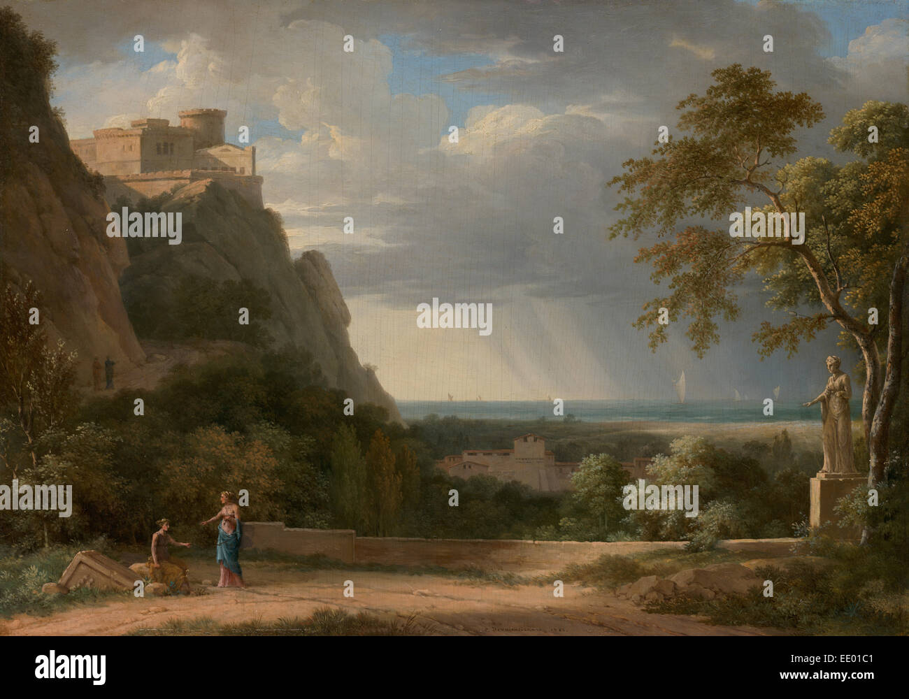 Paysage classique avec des chiffres et de la Sculpture ; Pierre-Henri de Valenciennes, Français, 1750 - 1819 ; 1788 ; Huile sur panneau Banque D'Images