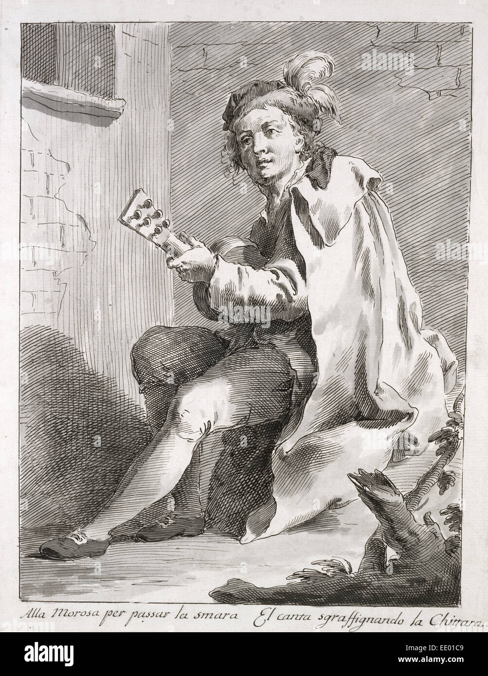 Un homme assis jouant de la guitare ; Pietro Antonio Novelli, Italien, 1729 - 1804 ; vers 1760, plume et encre grise, brosse à laver gris Banque D'Images