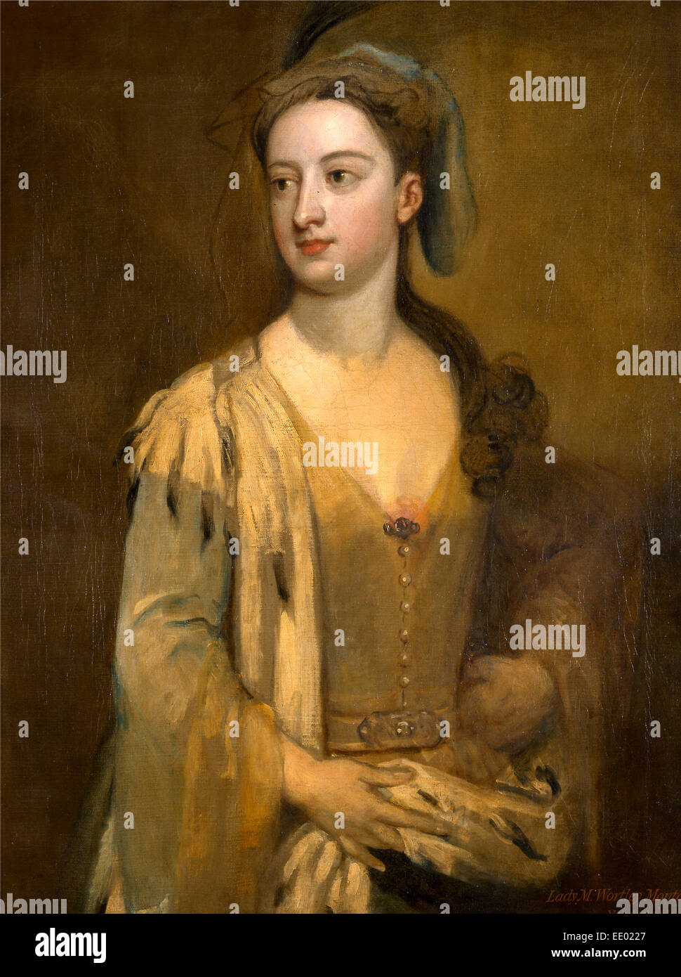 Une femme appelée Lady Mary Wortley Montagu inscrit dans la peinture à l'ocre rouge, en bas à droite : "Lady M. Wortley Montagu. | Vanderbank.' Banque D'Images