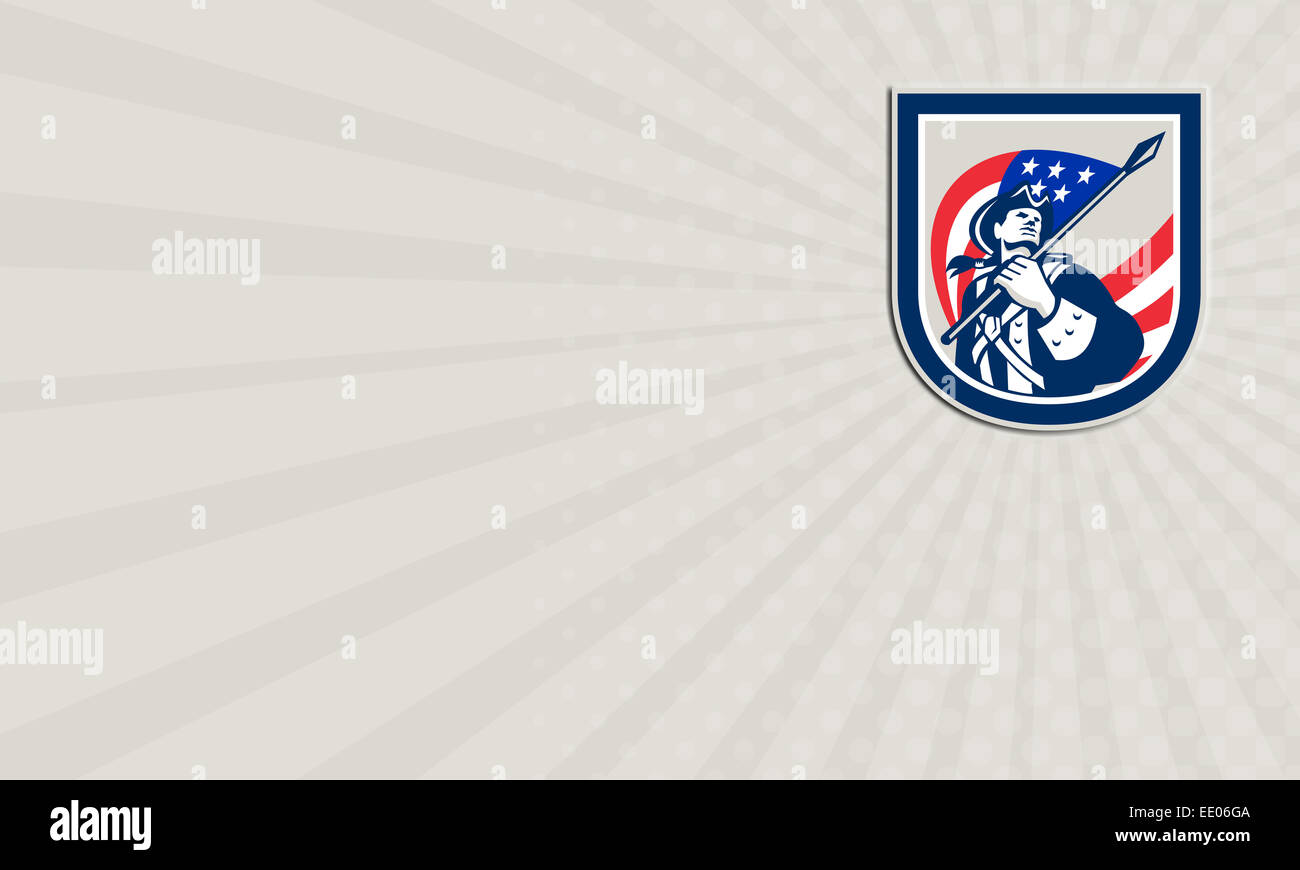 Carte montrant l'illustration d'un patriote américain tenant un drapeau USA stars and stripes jusqu'à l'intérieur set bouclier crest isolées sur fond blanc. Banque D'Images