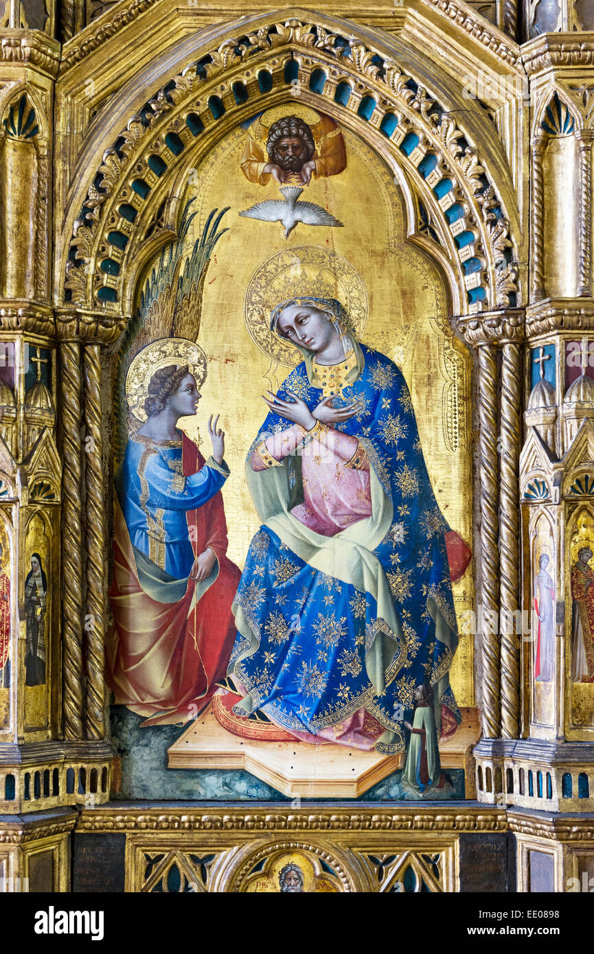 Galerie dell'Accademia, Venise, Italie. Le polyptyque du Lion (retable) de Lorenzo Veneziano, 1357 - un détail montrant l'Annonciation Banque D'Images