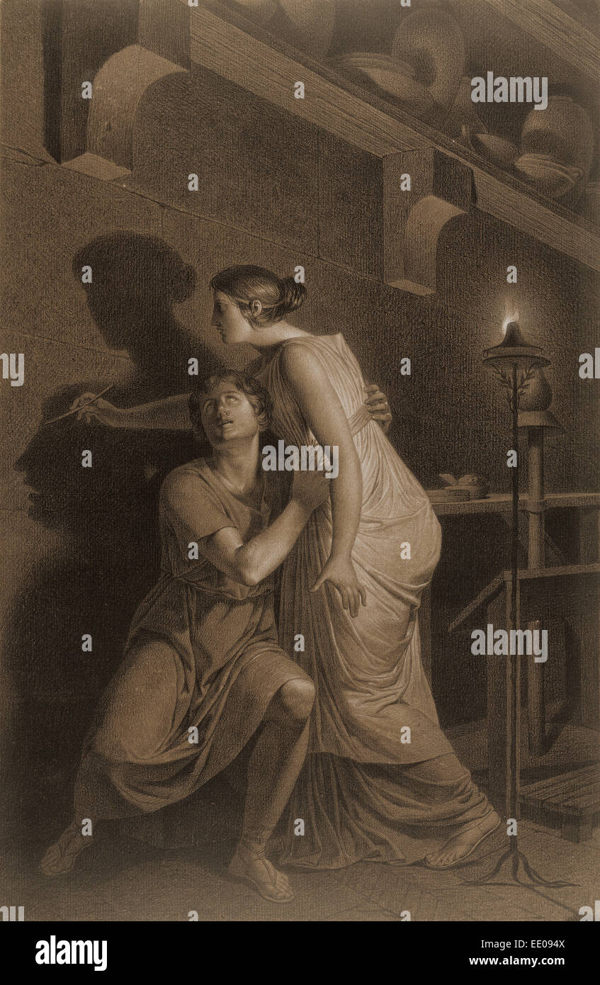 L'Invention de dessin (recto), croquis de l'os de la jambe de squelette humain (verso) ; Joseph-Benoît Suvée, Belge Banque D'Images