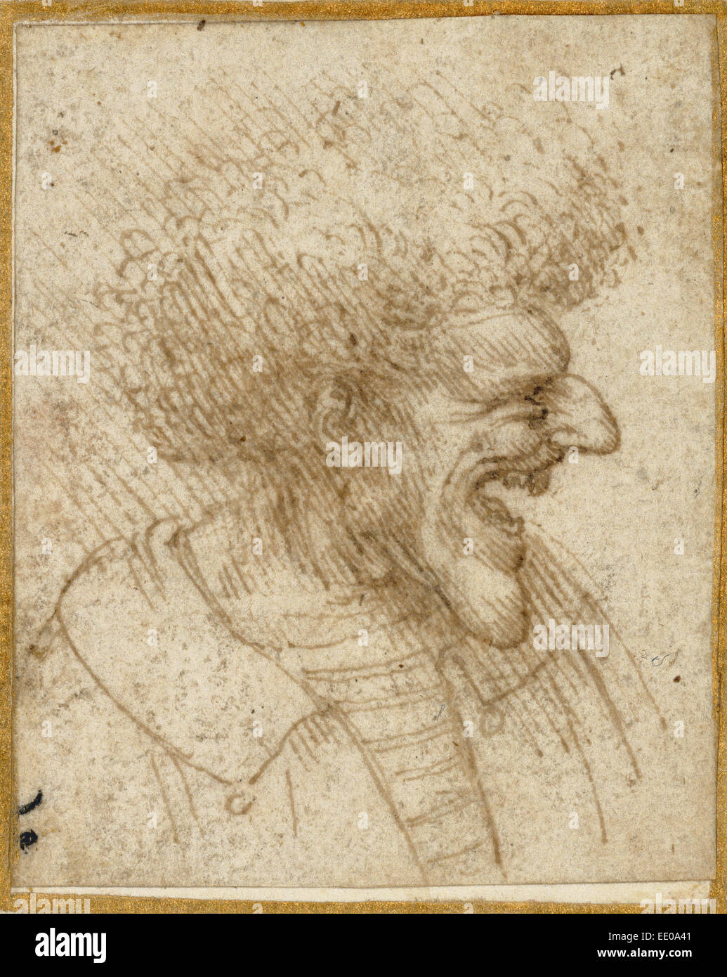 Caricature d'un homme avec des cheveux touffus ; Leonardo da Vinci, Italien, 1452 - 1519 ; environ 1495 Plume et encre brune. Banque D'Images