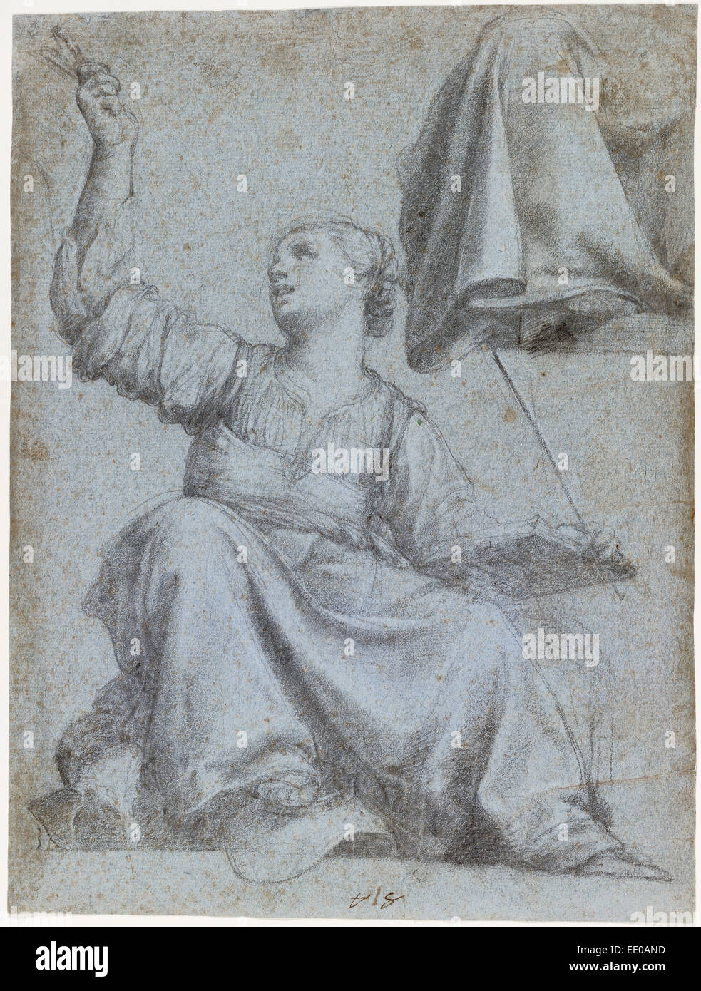 L'autorité papale ; Carlo Saraceni, Italien, environ 1579 - 1620 ; 1616 ; craie noire, rehaussée de craie blanche sur papier bleu-vert Banque D'Images