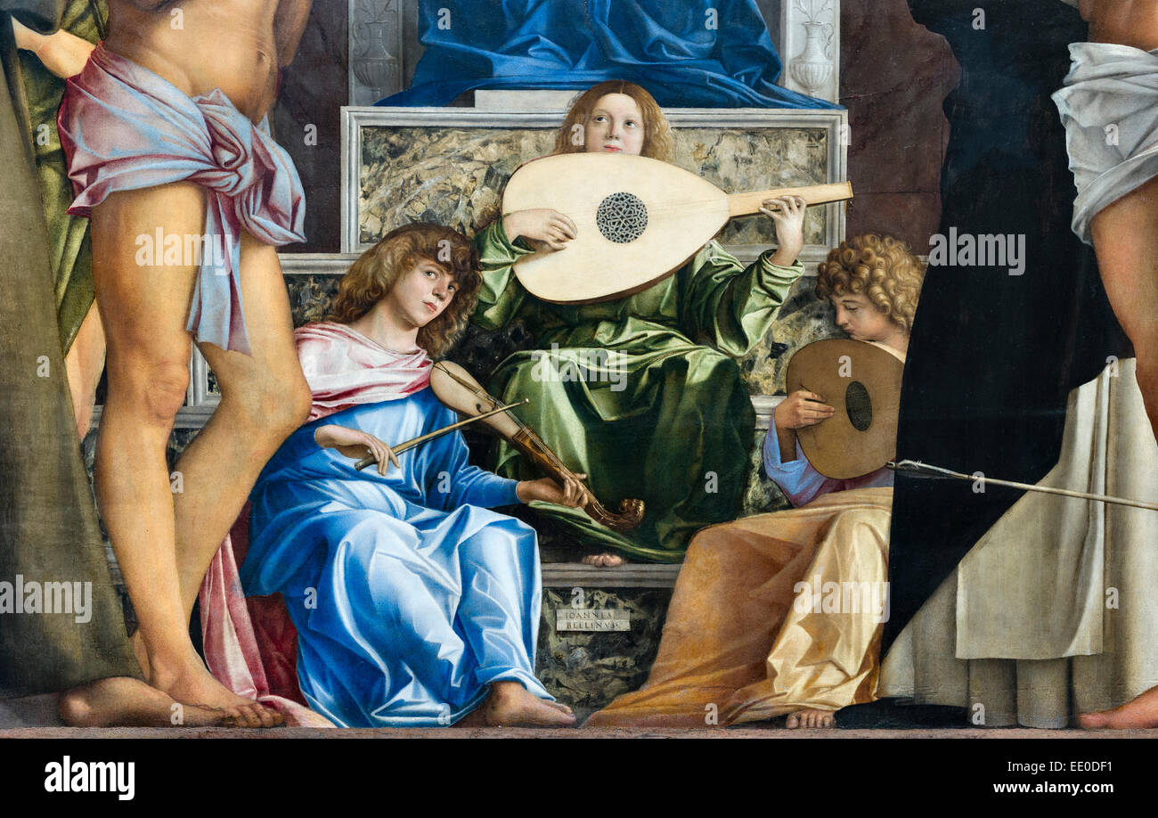 Galerie dell'Accademia, Venise, Italie. Le retable San Giobbe de Giovanni Bellini (vers 1487) - détail montrant de jeunes musiciens Banque D'Images