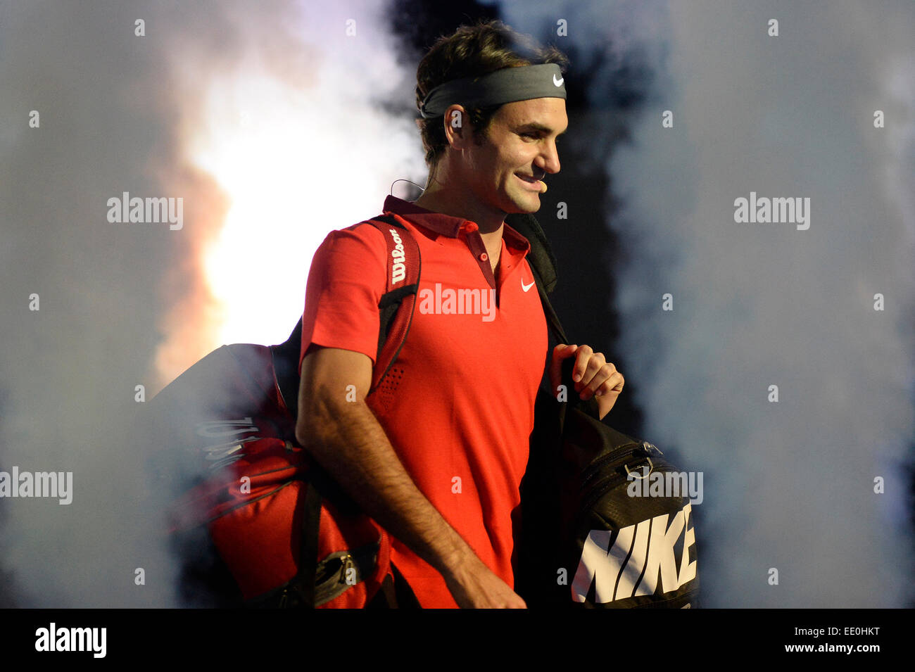 Sydney, Australie. 12 janvier, 2015. Roger Federer (SUI) après son match contre Lleyton Hewitt (AUS) à l'exposition FAST4 match de tennis à la Qantas Credit Union Arena. Credit : Action Plus Sport Images/Alamy Live News Banque D'Images