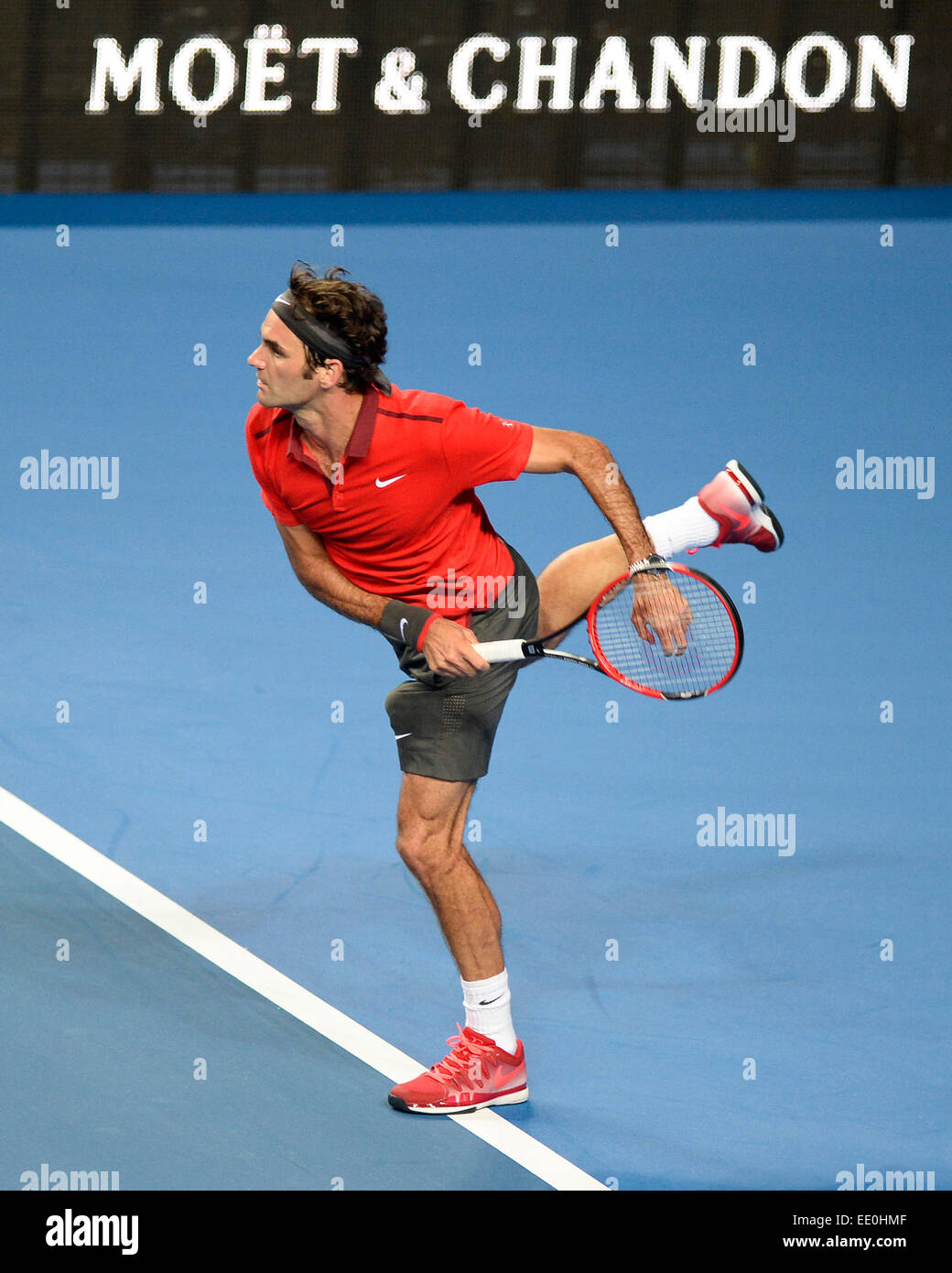 Sydney, Australie. 12 janvier, 2015. Roger Federer (SUI) en action contre Lleyton Hewitt (AUS) au cours de l'exposition FAST4 match de tennis à la Qantas Credit Union Arena. Credit : Action Plus Sport Images/Alamy Live News Banque D'Images