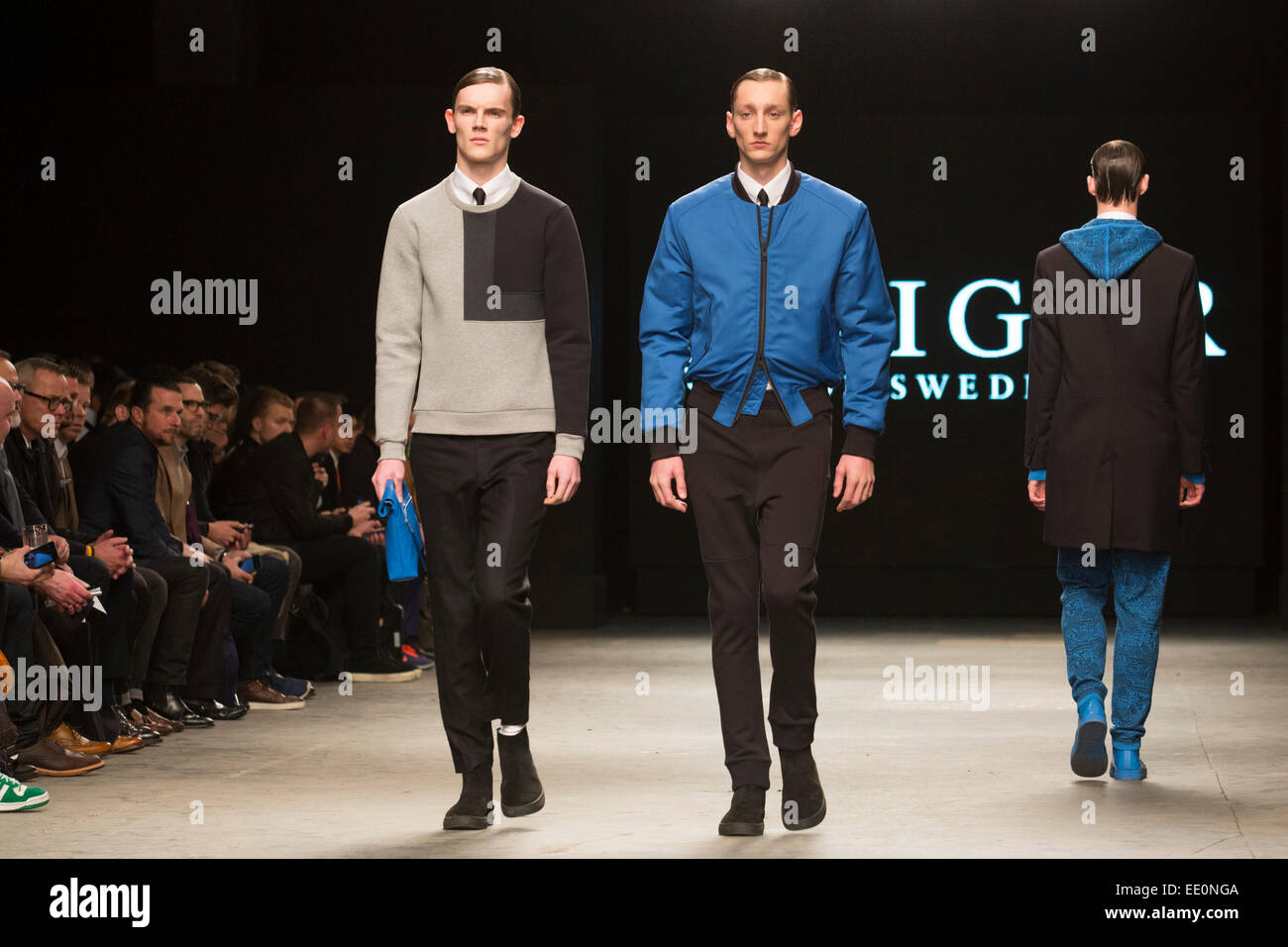 Londres, Royaume-Uni. 12 janvier 2015. Le défilé d'étiquette Tiger de la Suède à Londres Collections : les hommes, le coordonnateur de la fashion week à Londres. Photo : Alamy/CatwalkFashion Live News Banque D'Images