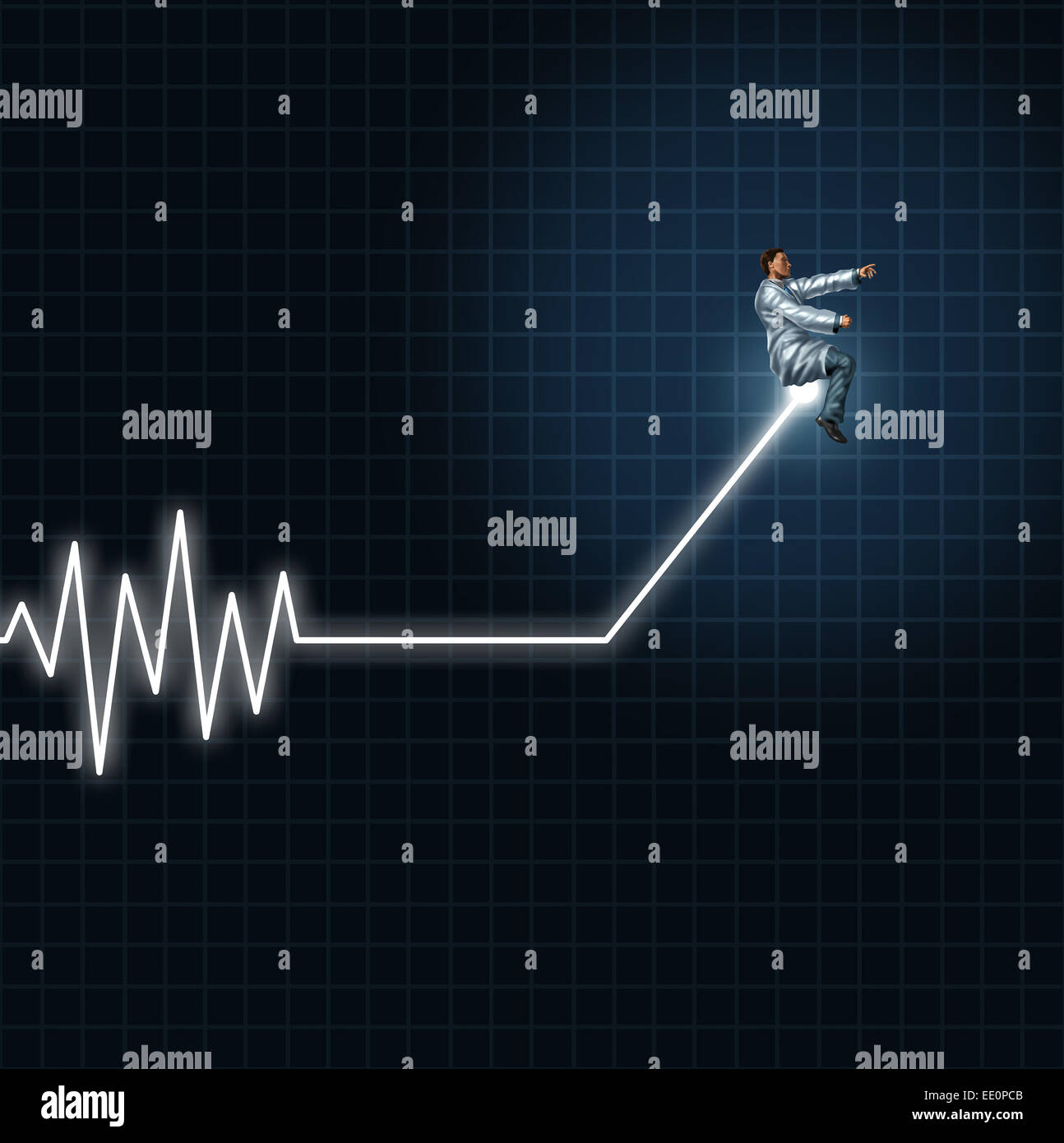Le concept de la santé médicale en tant que médecin ou chercheur guider et gérer un ecg ou électrocardiogramme à la lumière hors de danger ligne plate. Banque D'Images