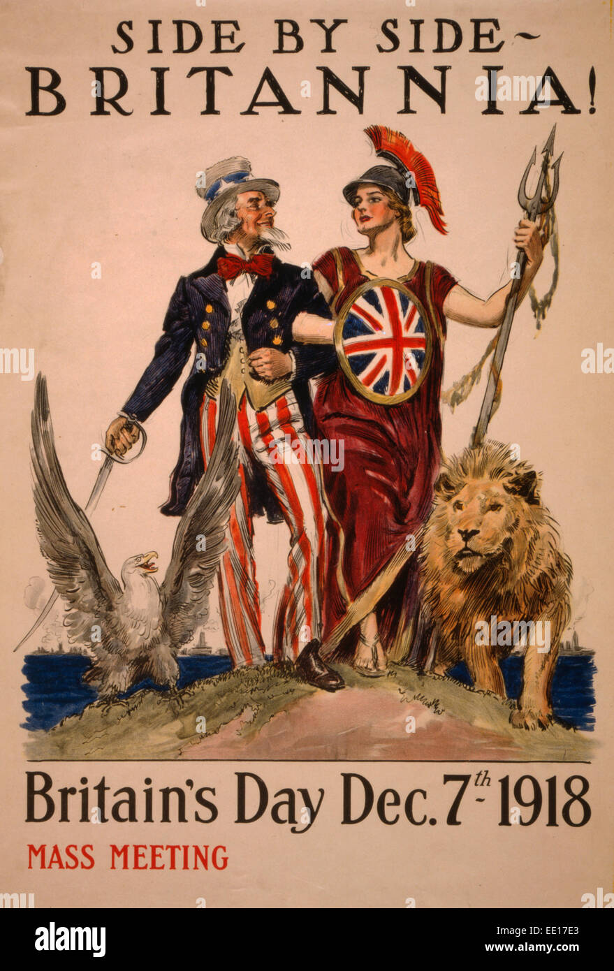 Côte à côte - Britannia ! Jour de la Grande-Bretagne le 7 décembre 1918 - Affiche montrant l'Oncle Sam bras dessus, bras dessous avec Britannia, accompagné d'un lion et un aigle. Banque D'Images