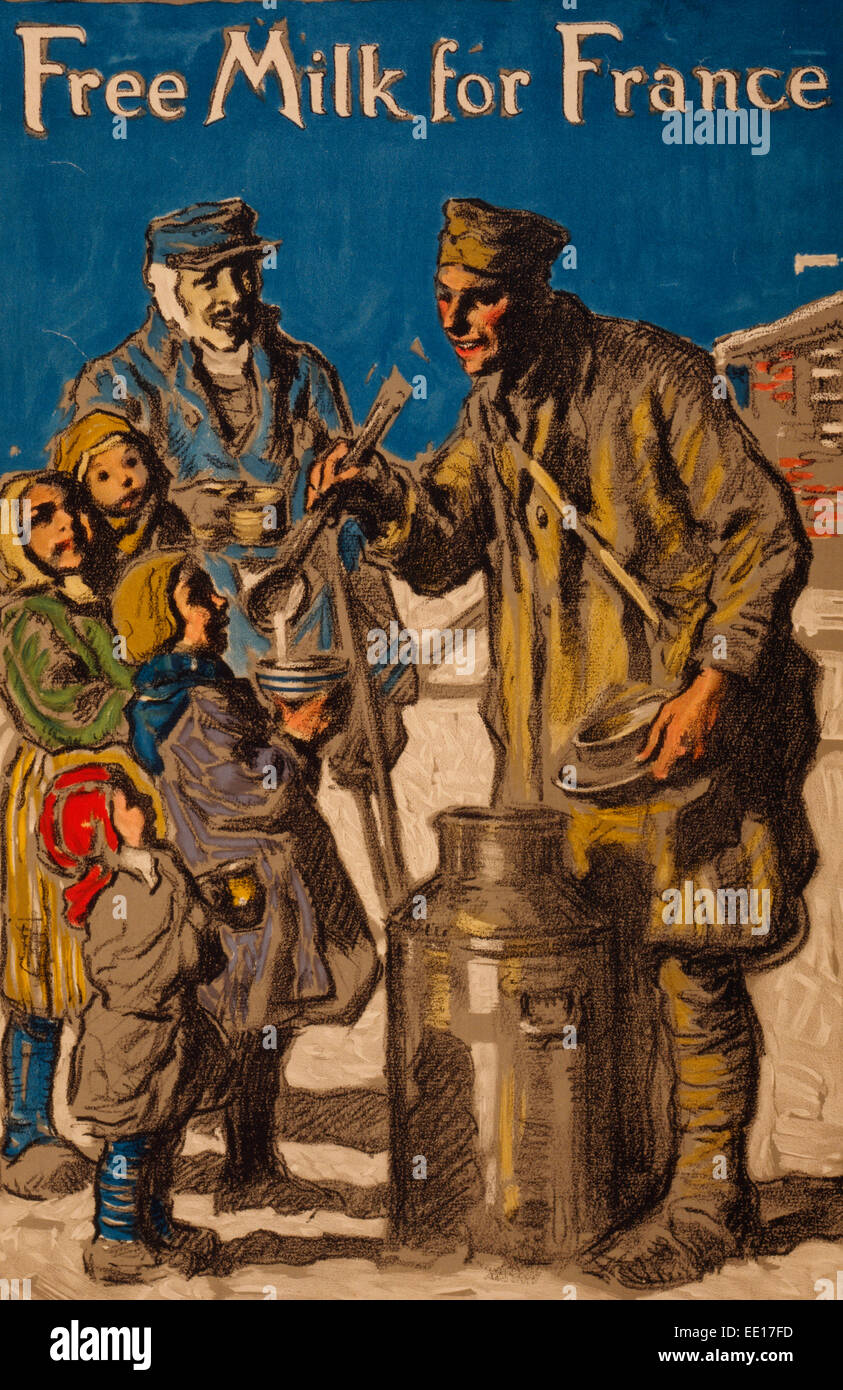 Gratuitement du lait pour la France - Affiche montrant un soldat louche de lait pour les enfants. L'affiche de la Première Guerre mondiale, 1917 Banque D'Images