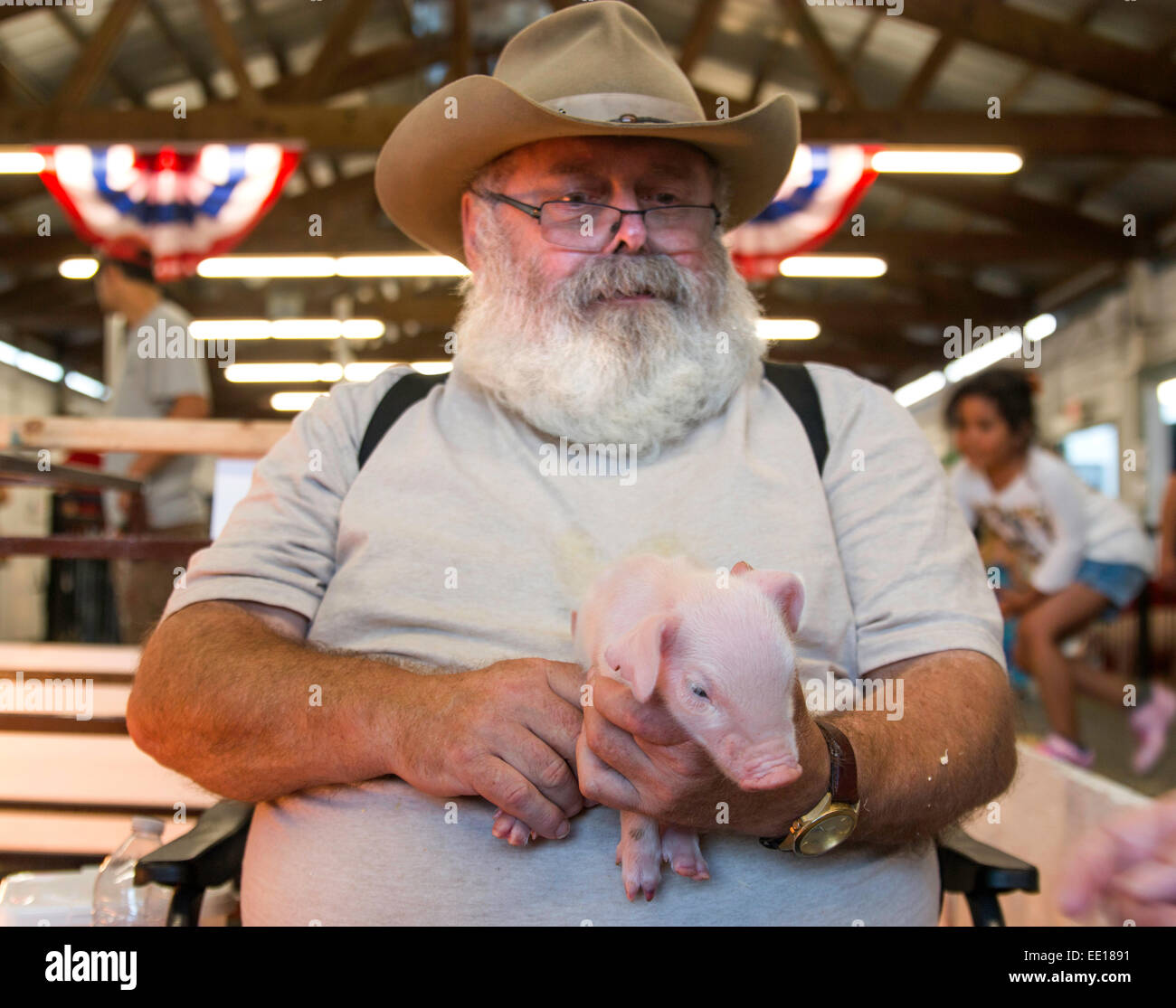 Un éleveur porcin américain détient trois jours porcinet à la Washington State Fair à Puyallup Banque D'Images