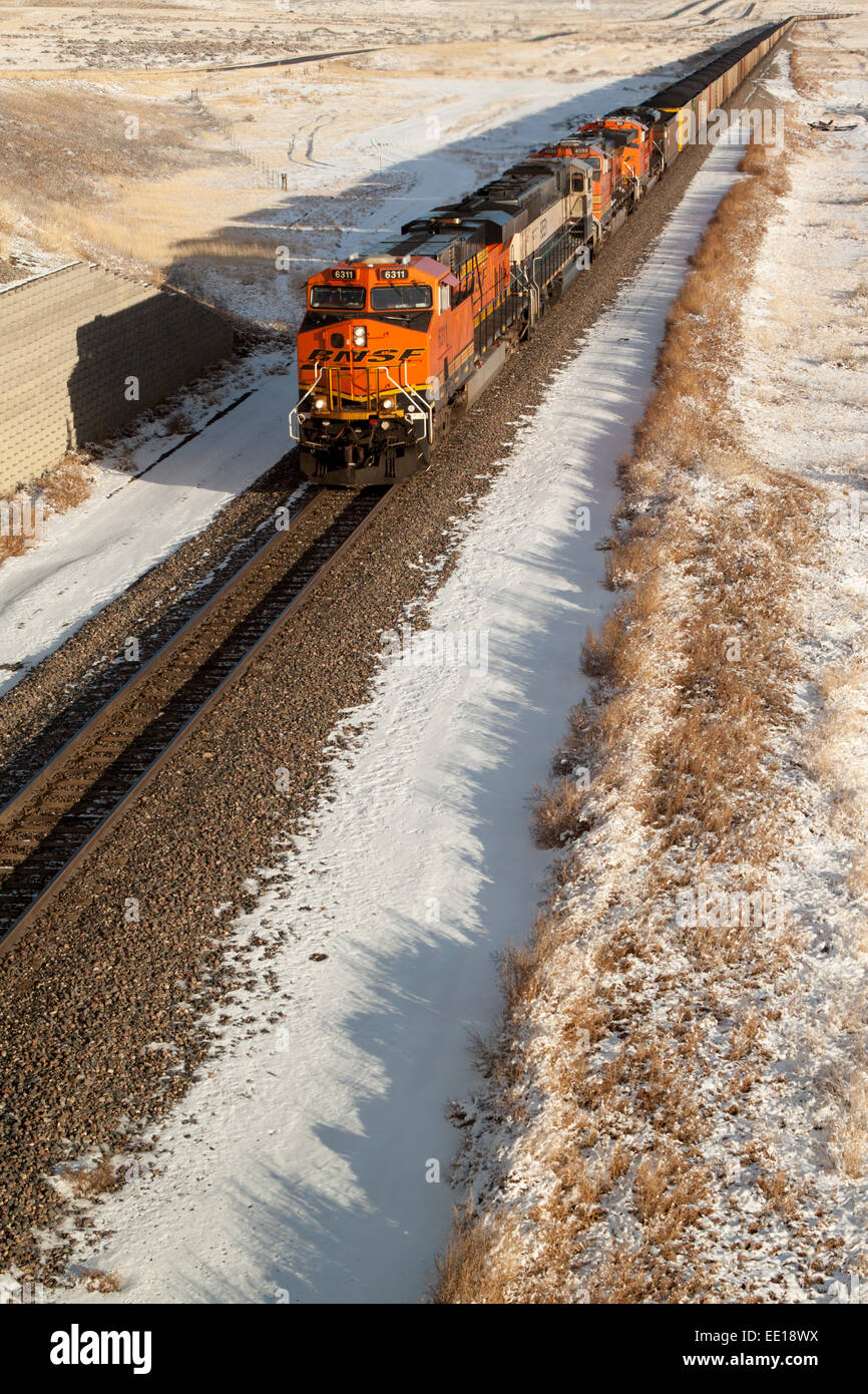 Un train ligne BNSF transporte du charbon de l'Absaloka Mine dans l'Est du Montana, USA Banque D'Images