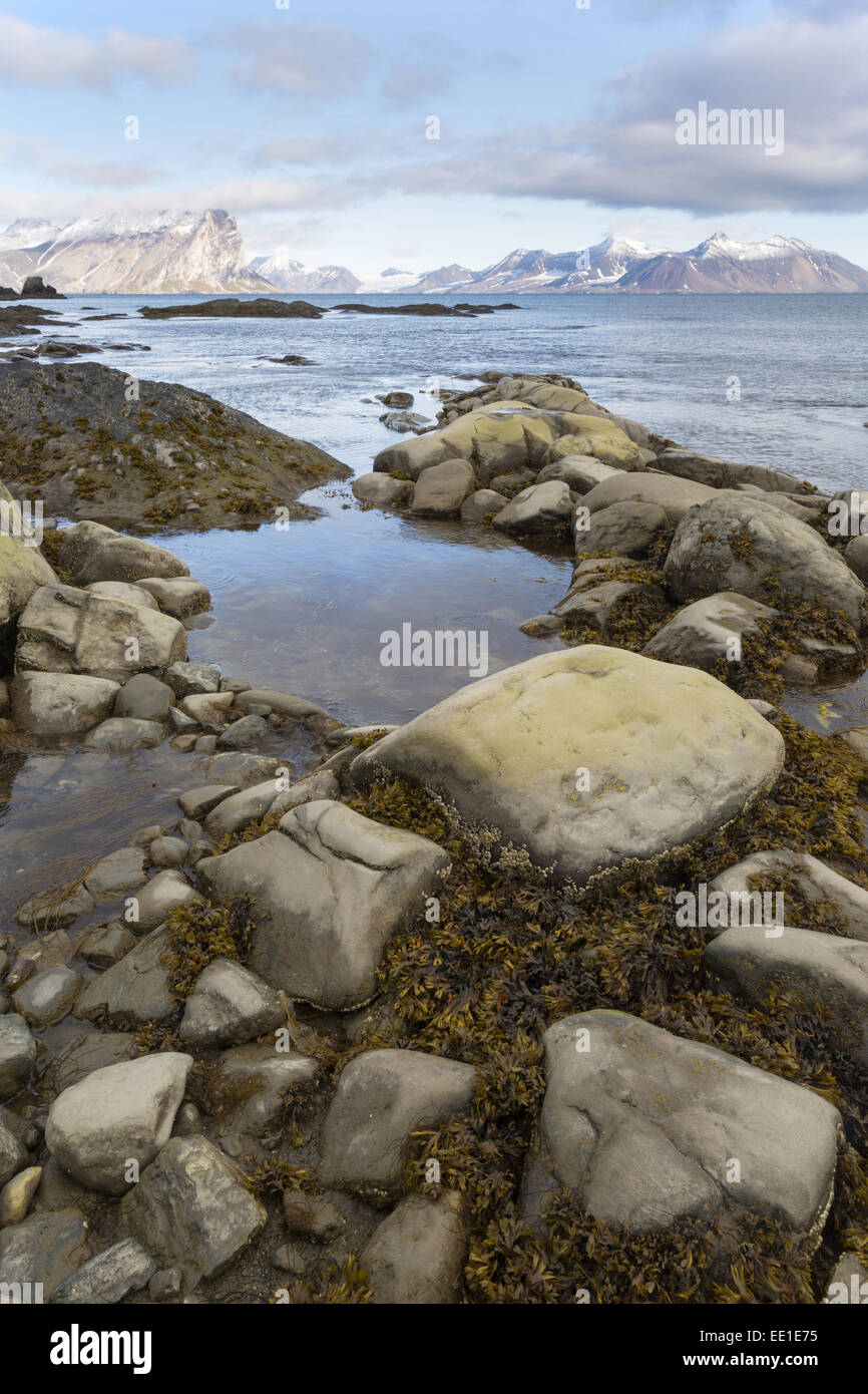 Vue sur la côte rocheuse avec fjord montagnes lointaines, Hornsund, Spitsbergen, Svalbard, Août Banque D'Images
