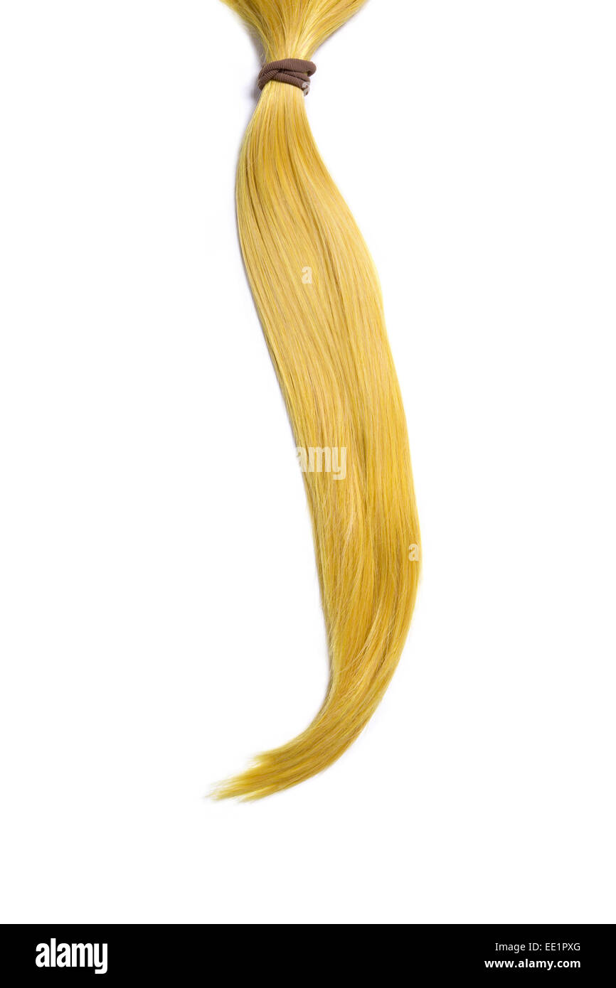 Cheveux blond doré, queue, isolé sur fond blanc Banque D'Images